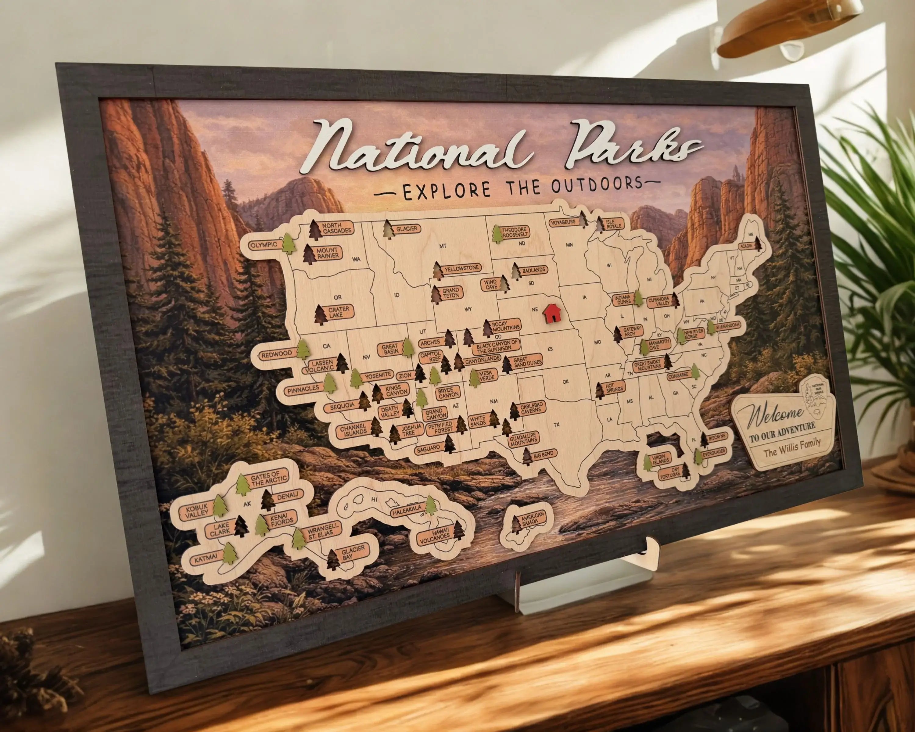 US National Parks Wooden Travel Map & Visit Tracker – Landscape Edition (Mountain sunset)