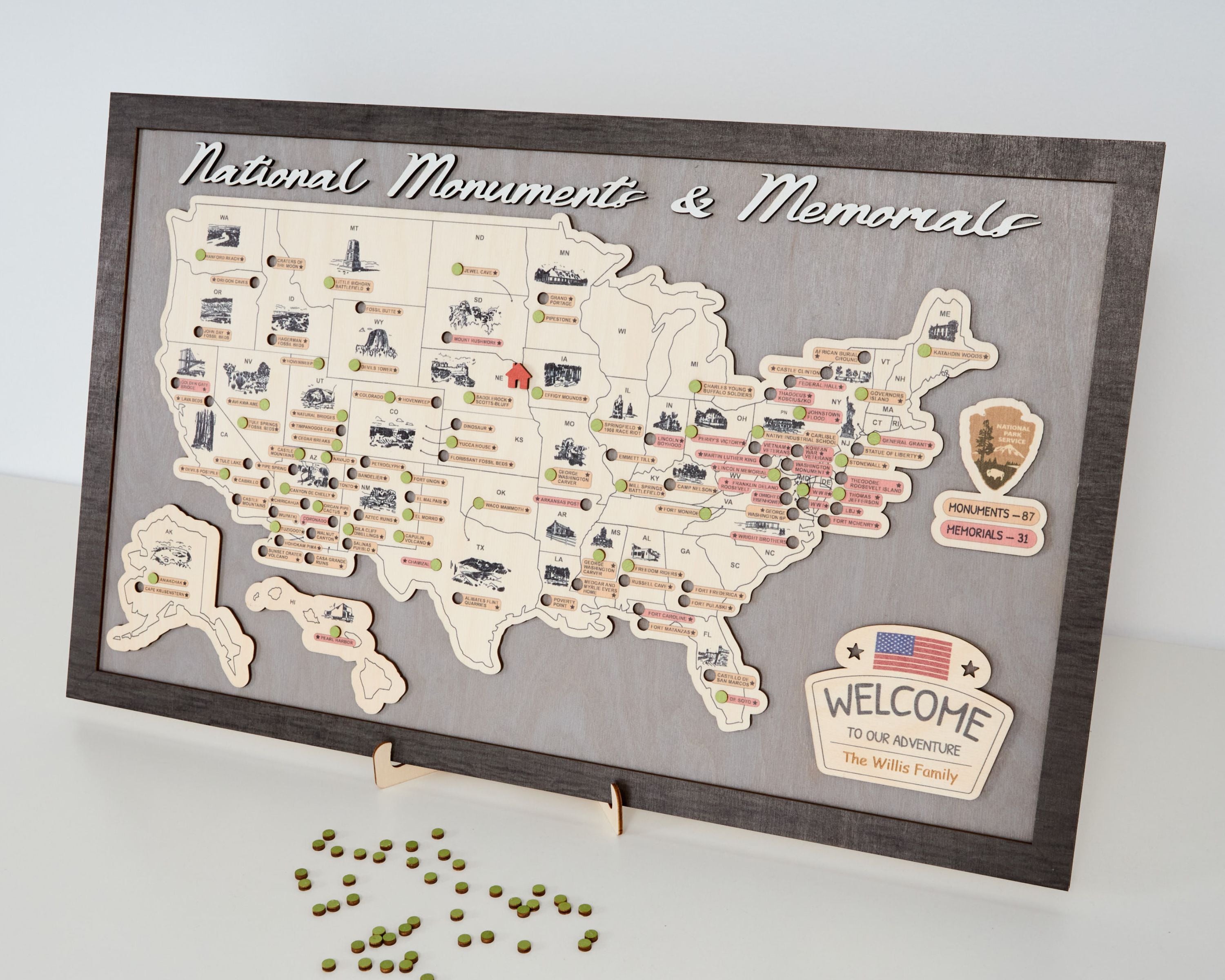 US Wooden National Monuments & Memorials Travel Map With Pins To Record Visits (Light Grey)