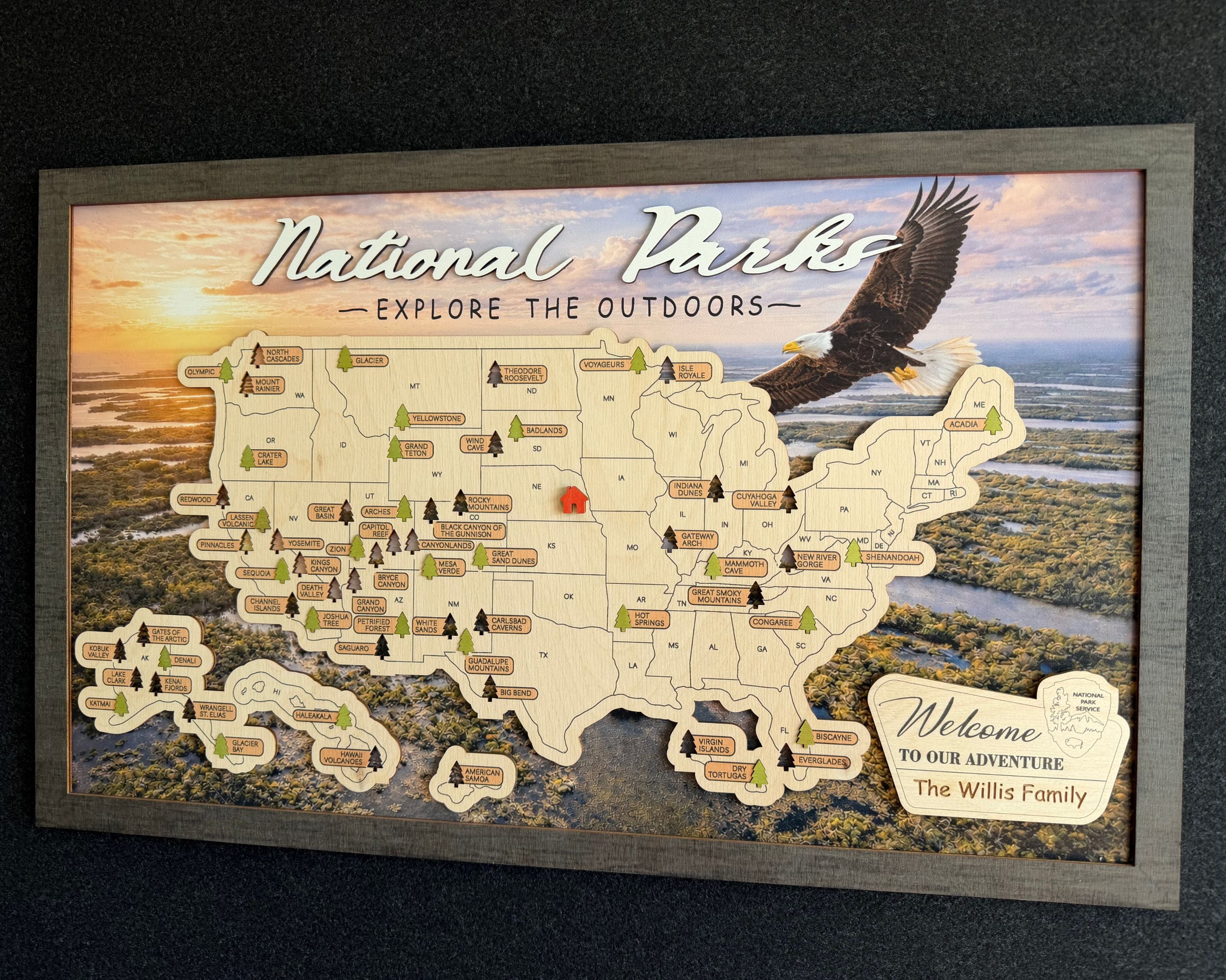US National Parks Wooden Travel Map & Visit Tracker – Landscape Edition (Eagle)
