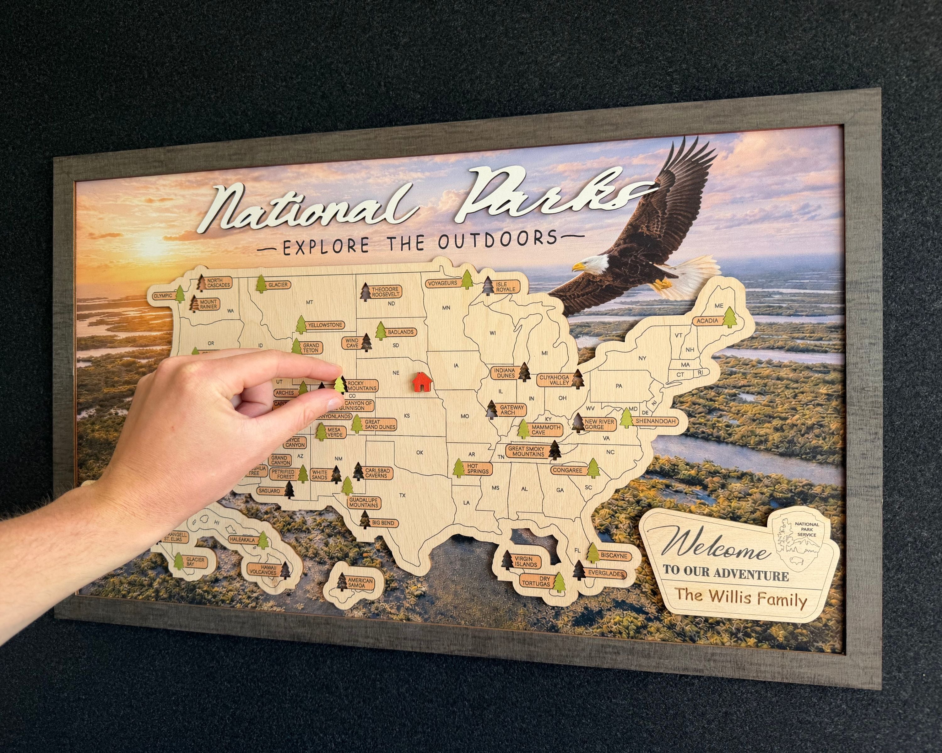 US National Parks Wooden Travel Map & Visit Tracker – Landscape Edition (Eagle)