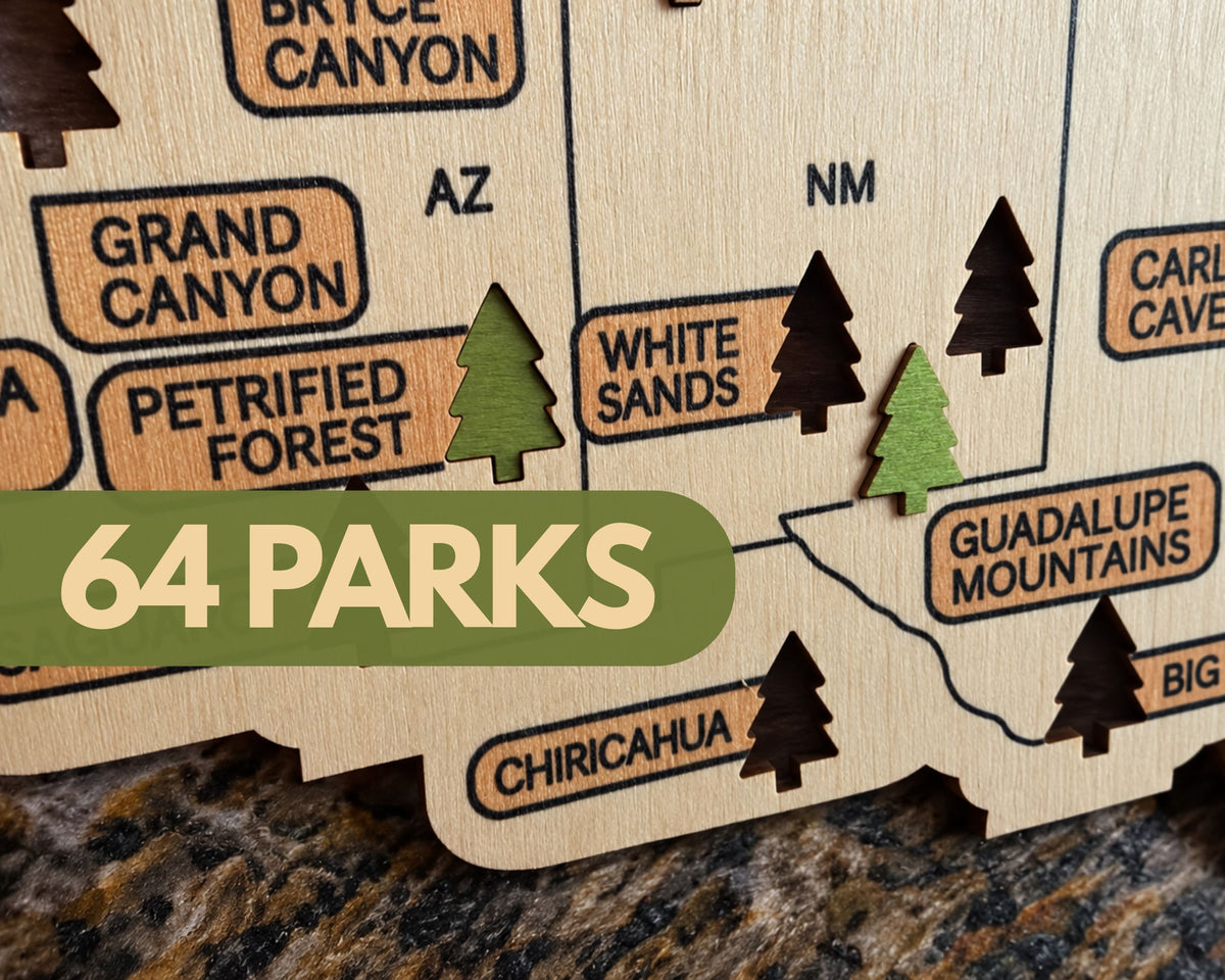 US Wooden National Parks Travel Map With Trees To Record Park Visits (Light Gray)