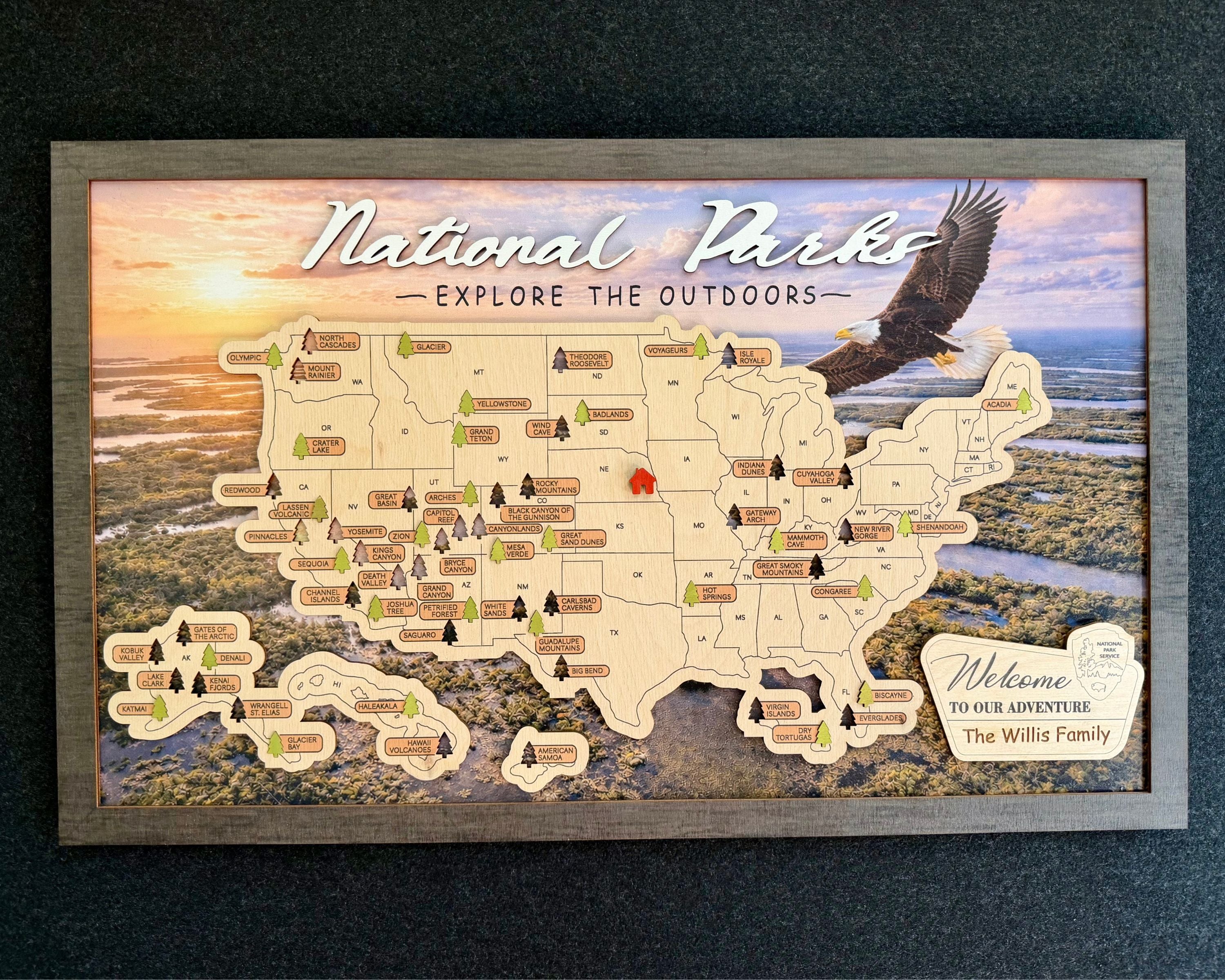 US National Parks Wooden Travel Map & Visit Tracker – Landscape Edition (Eagle)