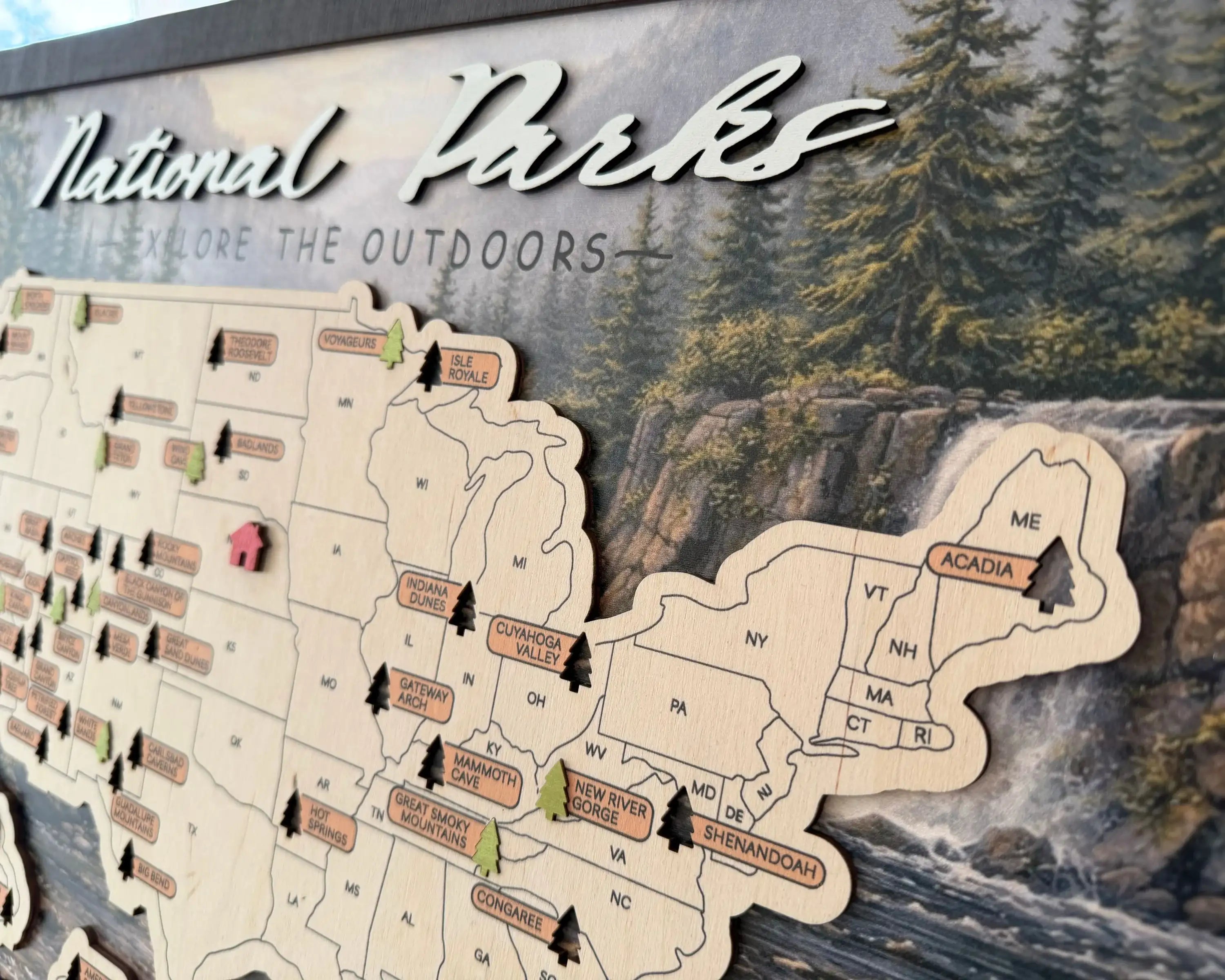 US National Parks Wooden Travel Map & Visit Tracker – Landscape Edition (Forest daisies)