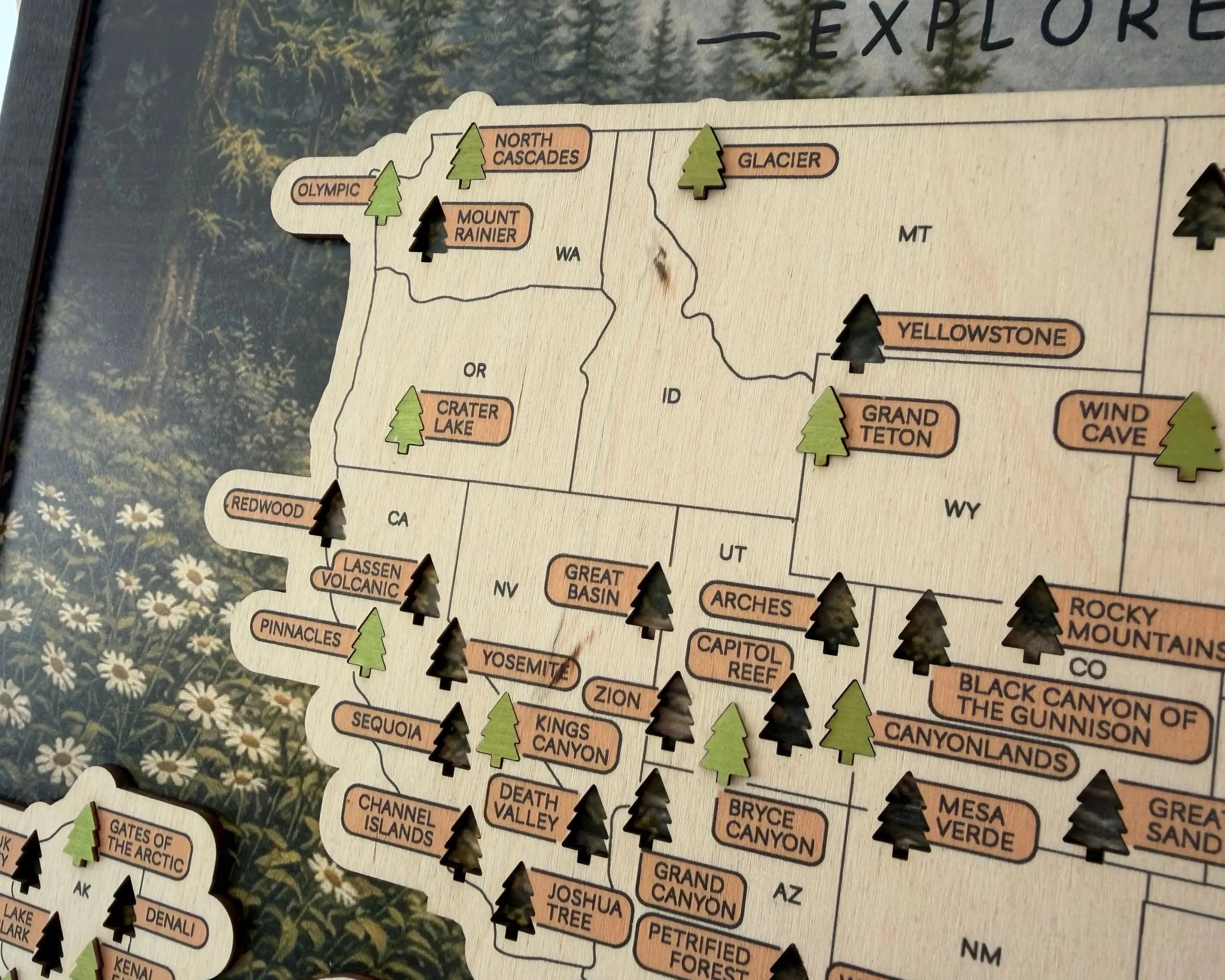 US National Parks Wooden Travel Map & Visit Tracker – Landscape Edition (Forest daisies)