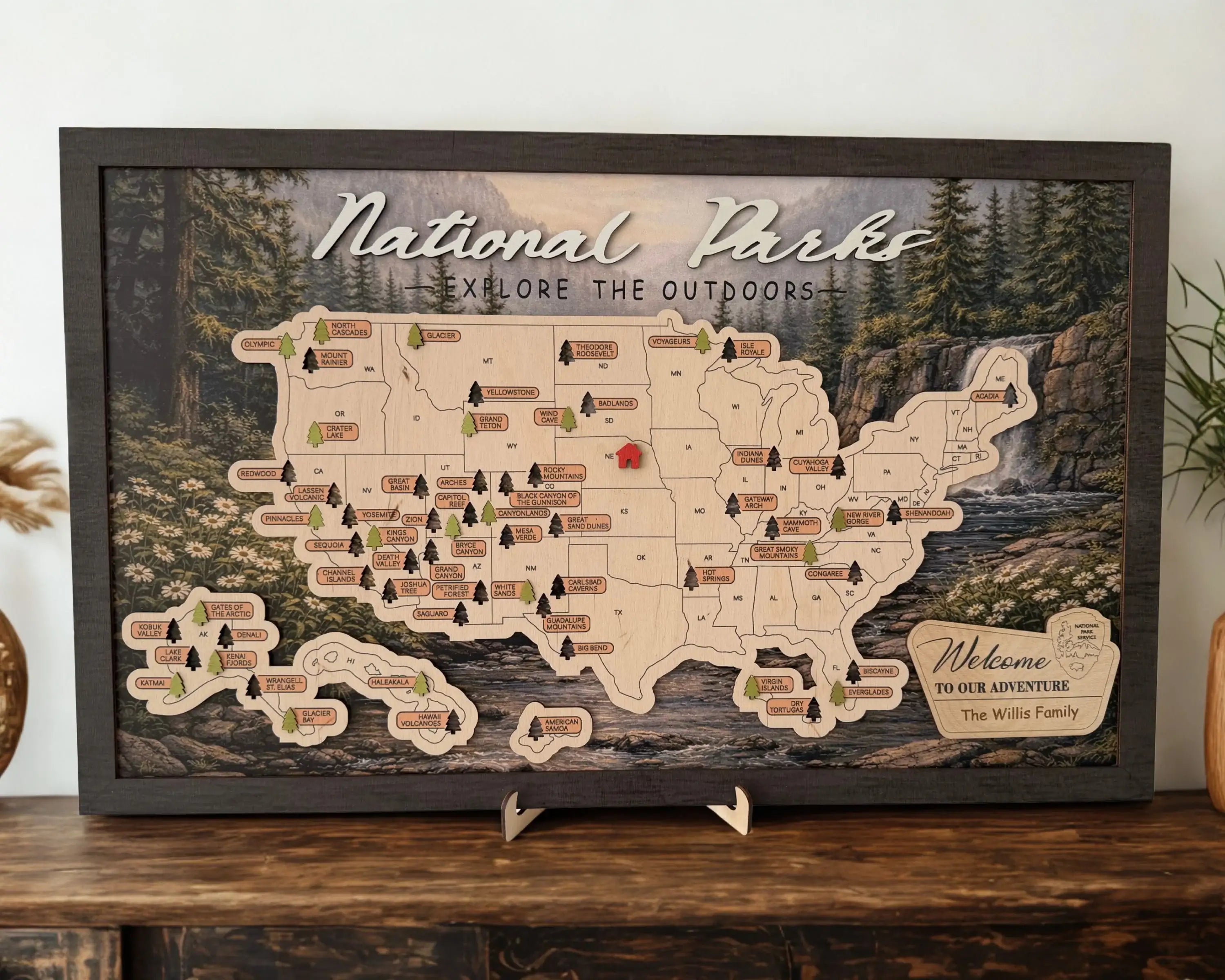 US National Parks Wooden Travel Map & Visit Tracker – Landscape Edition (Forest daisies)