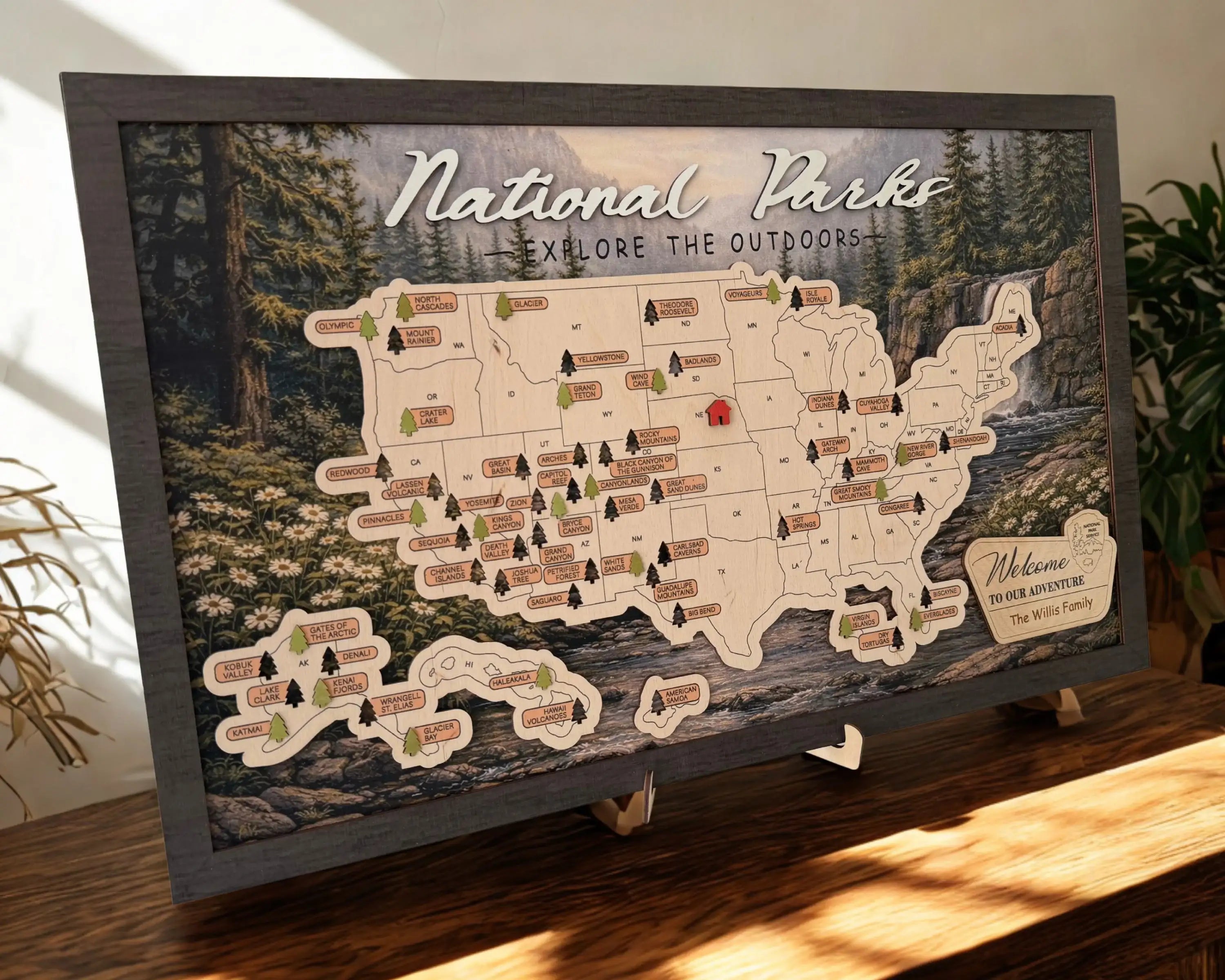 US National Parks Wooden Travel Map & Visit Tracker – Landscape Edition (Forest daisies)