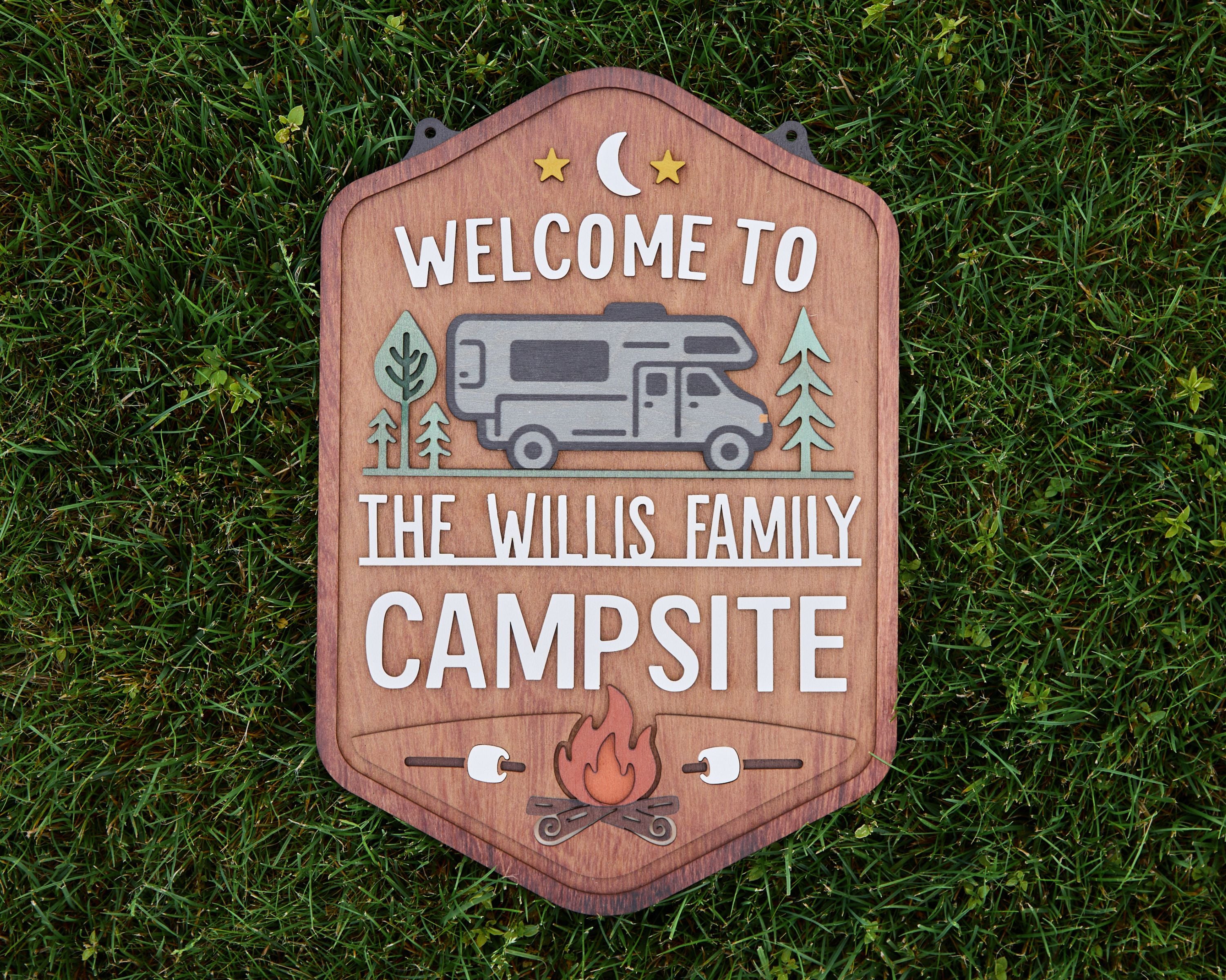 Personalized Welcome To Our Campsite Sign - Camping Flag | Custom Family Name Camper Decoration (Motorhome 3)