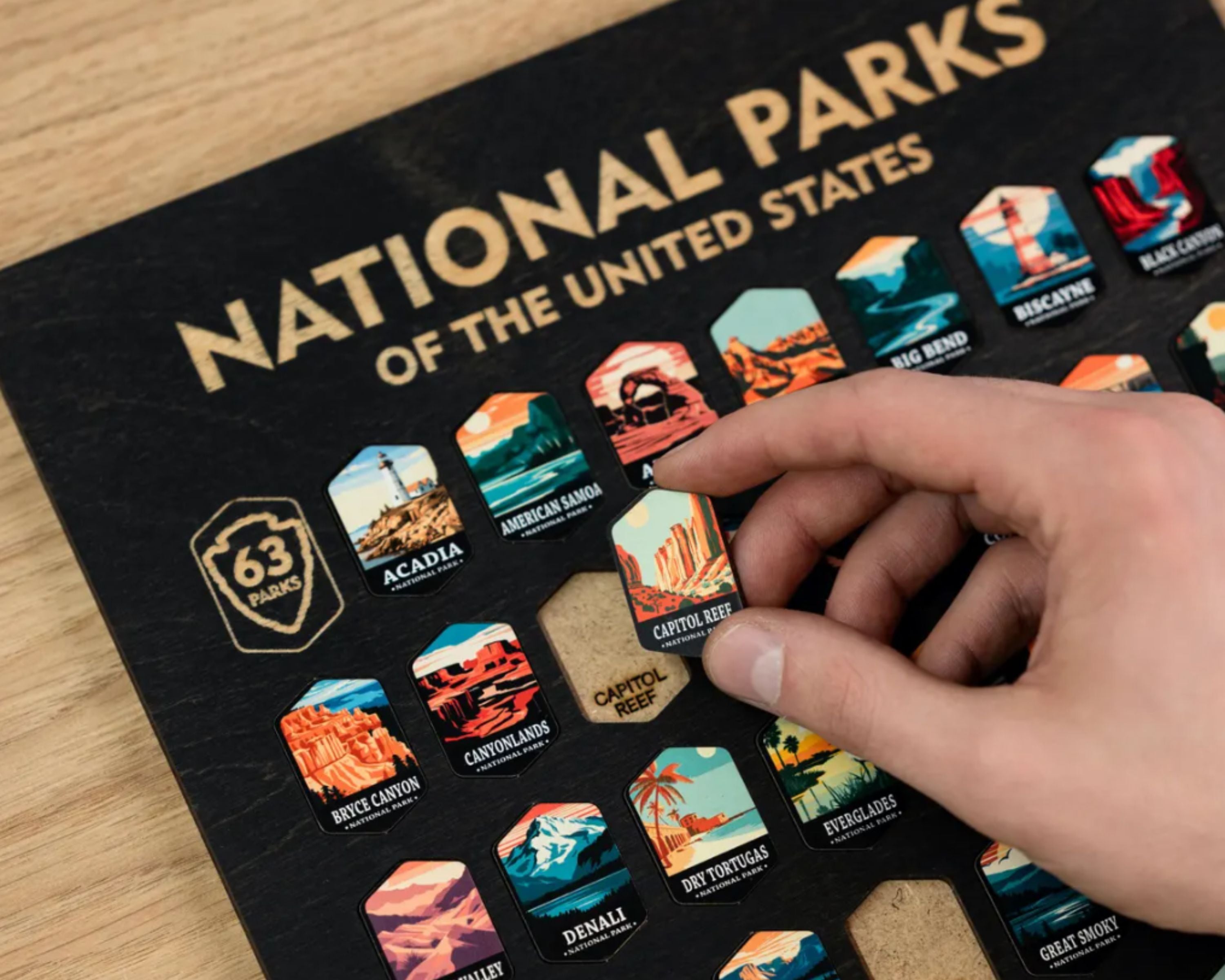 US National Parks Adventure Tracker - A handcrafted wooden board to track all 63 National Parks (Black)