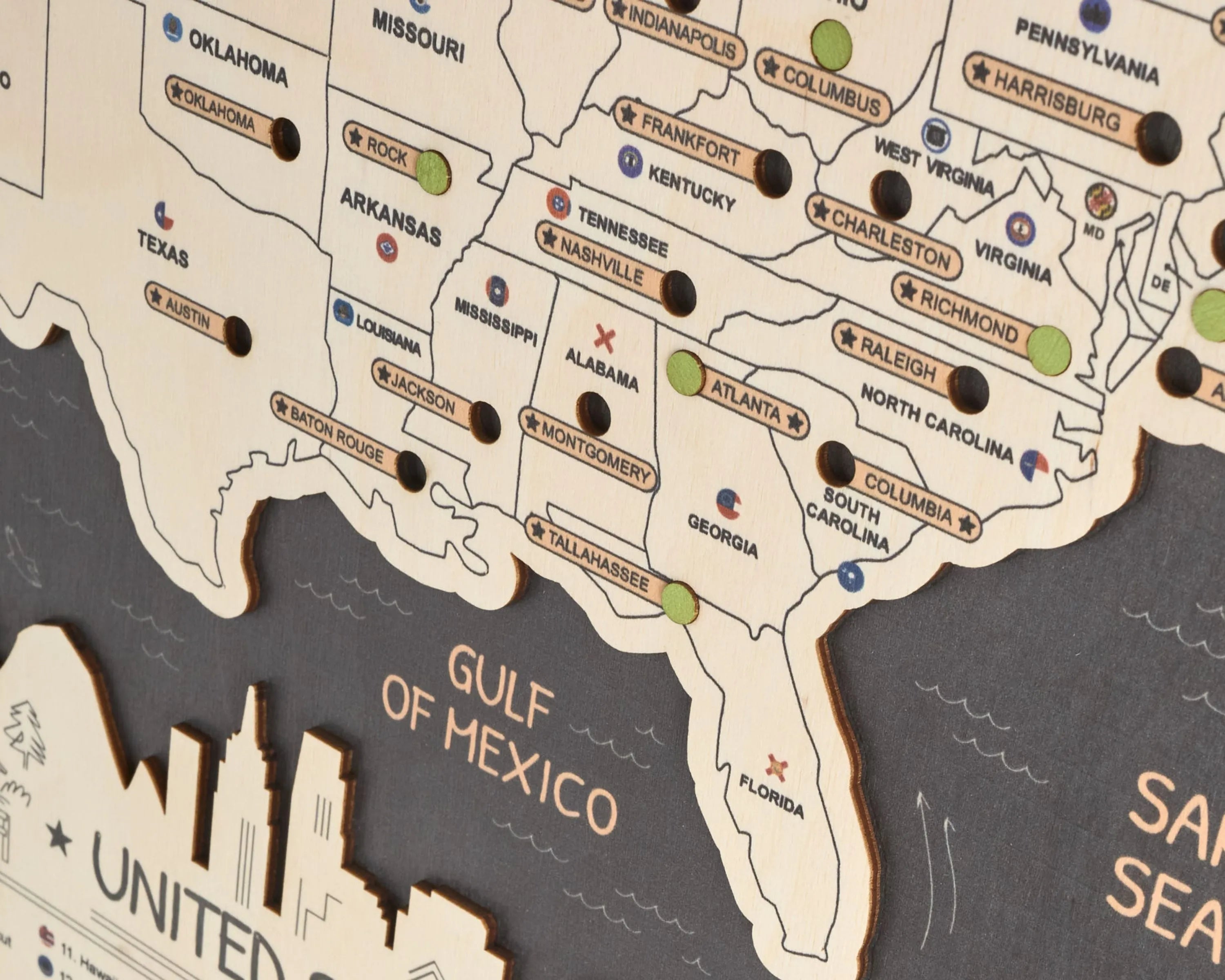 US 3D State Capitals Wooden Travel Map To Record Visits (New Dark)