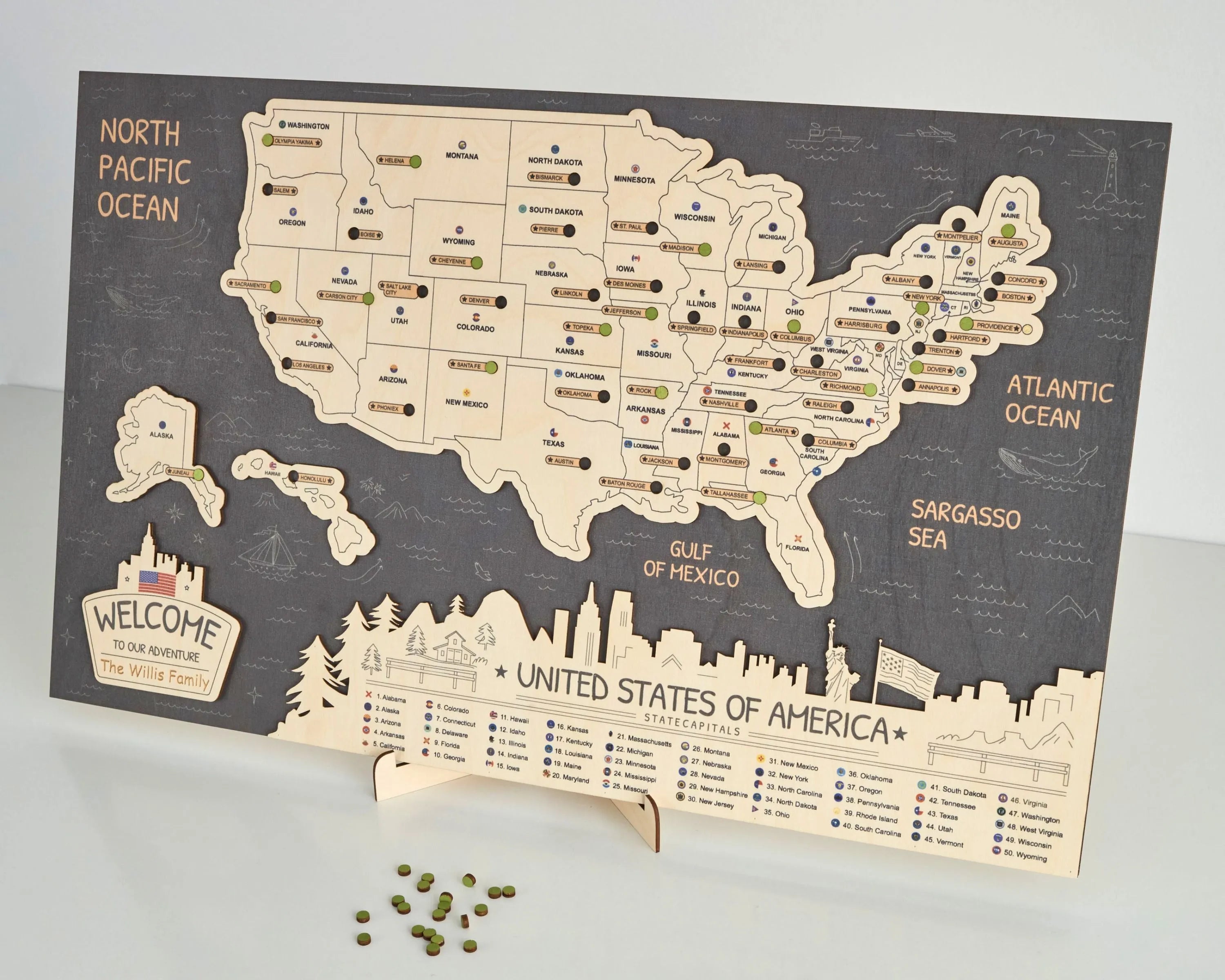 US 3D State Capitals Wooden Travel Map To Record Visits (New Dark)