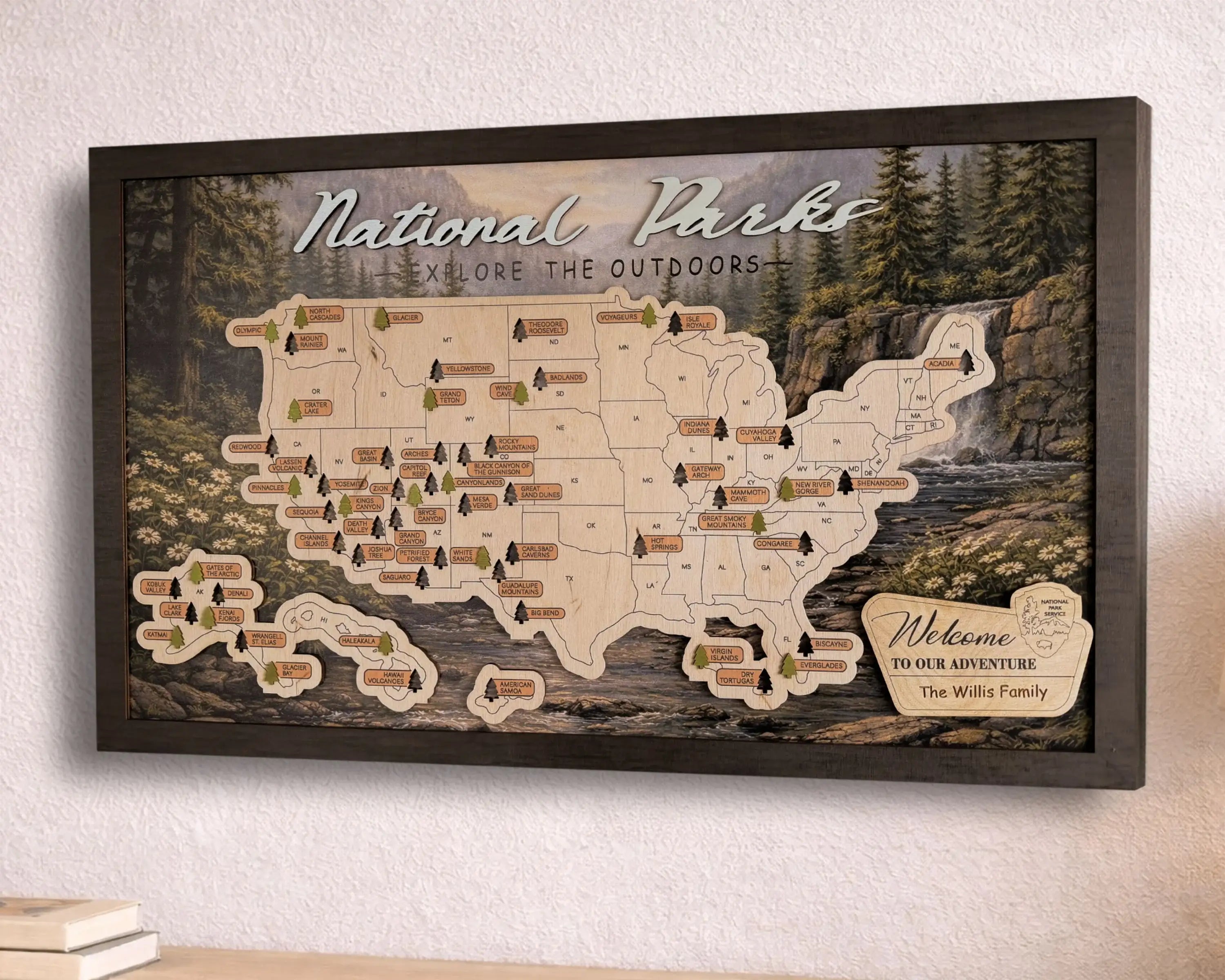 US National Parks Wooden Travel Map & Visit Tracker – Landscape Edition (Forest daisies)