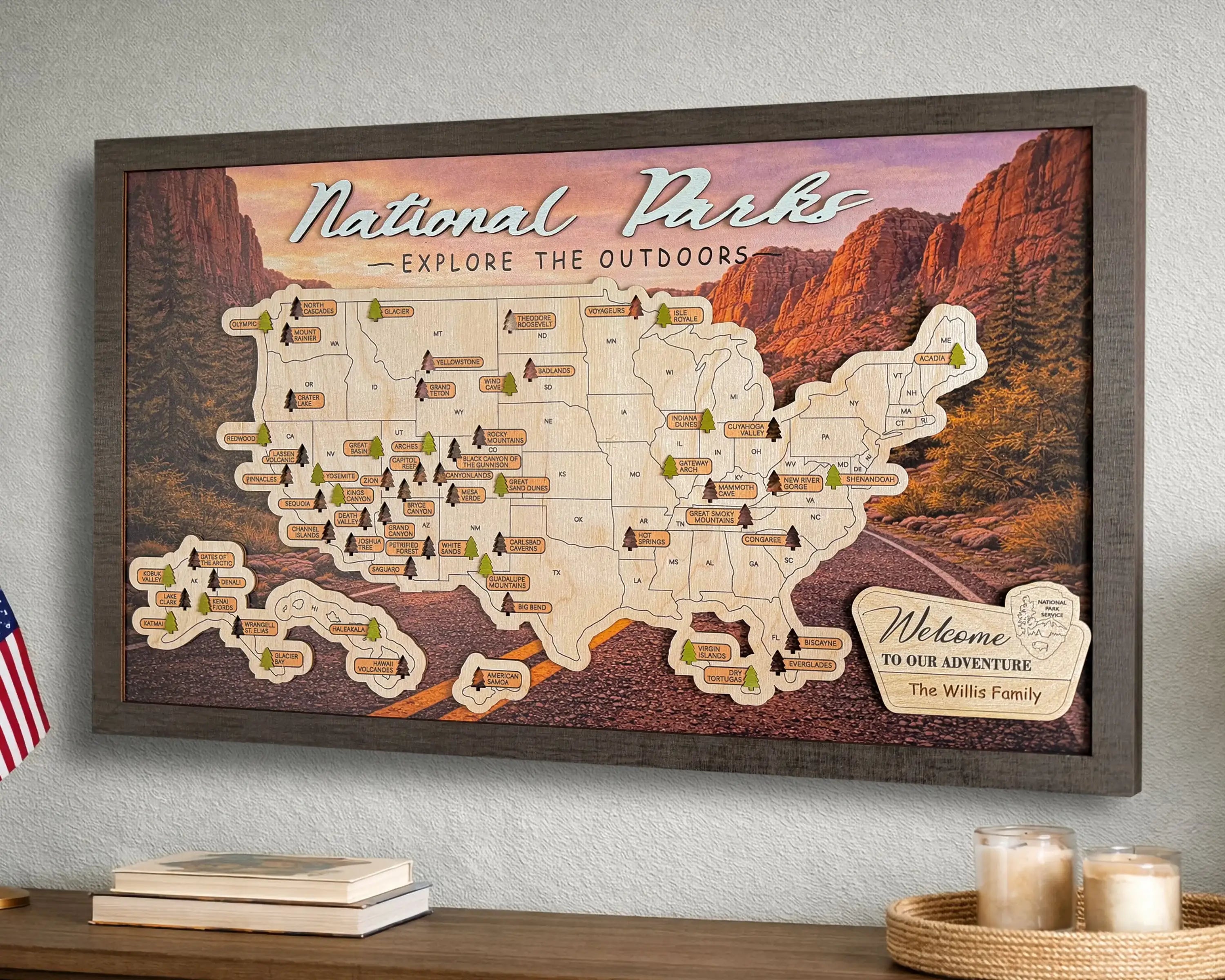 US National Parks Wooden Travel Map & Visit Tracker – Landscape Edition (Road sunset)