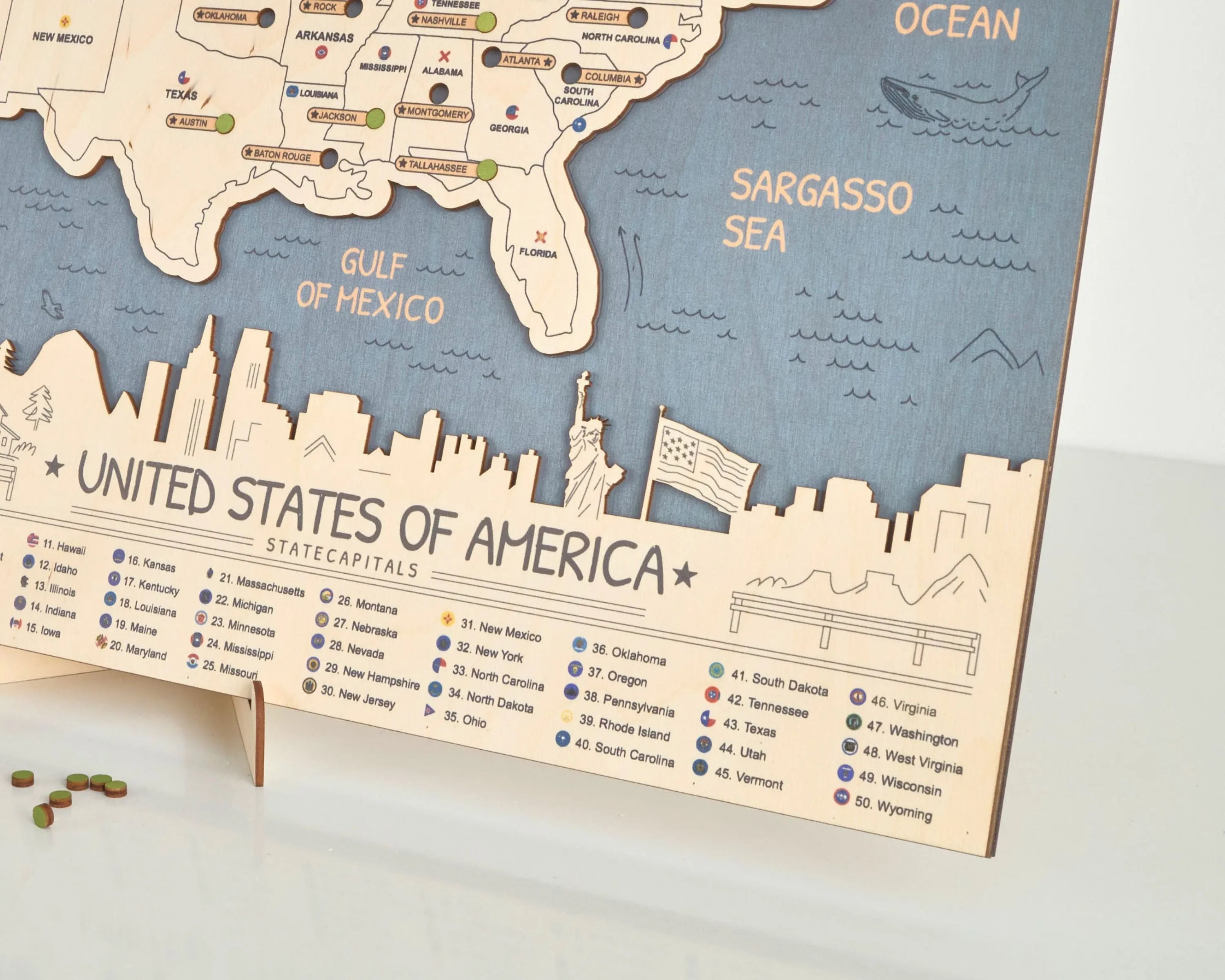 US 3D State Capitals Wooden Travel Map To Record Visits (New Blue)