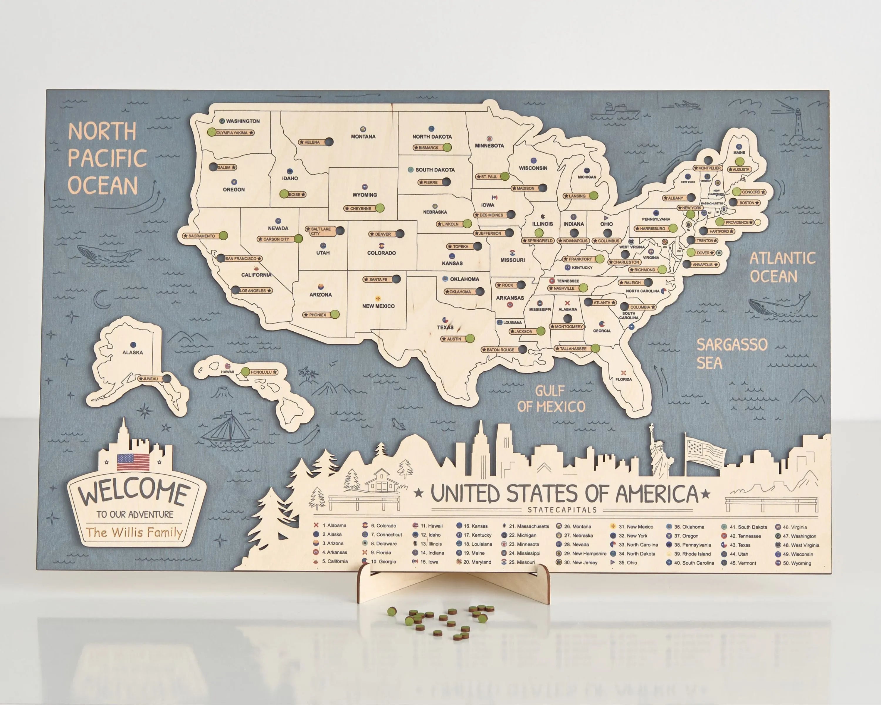 US 3D State Capitals Wooden Travel Map To Record Visits (New Blue)