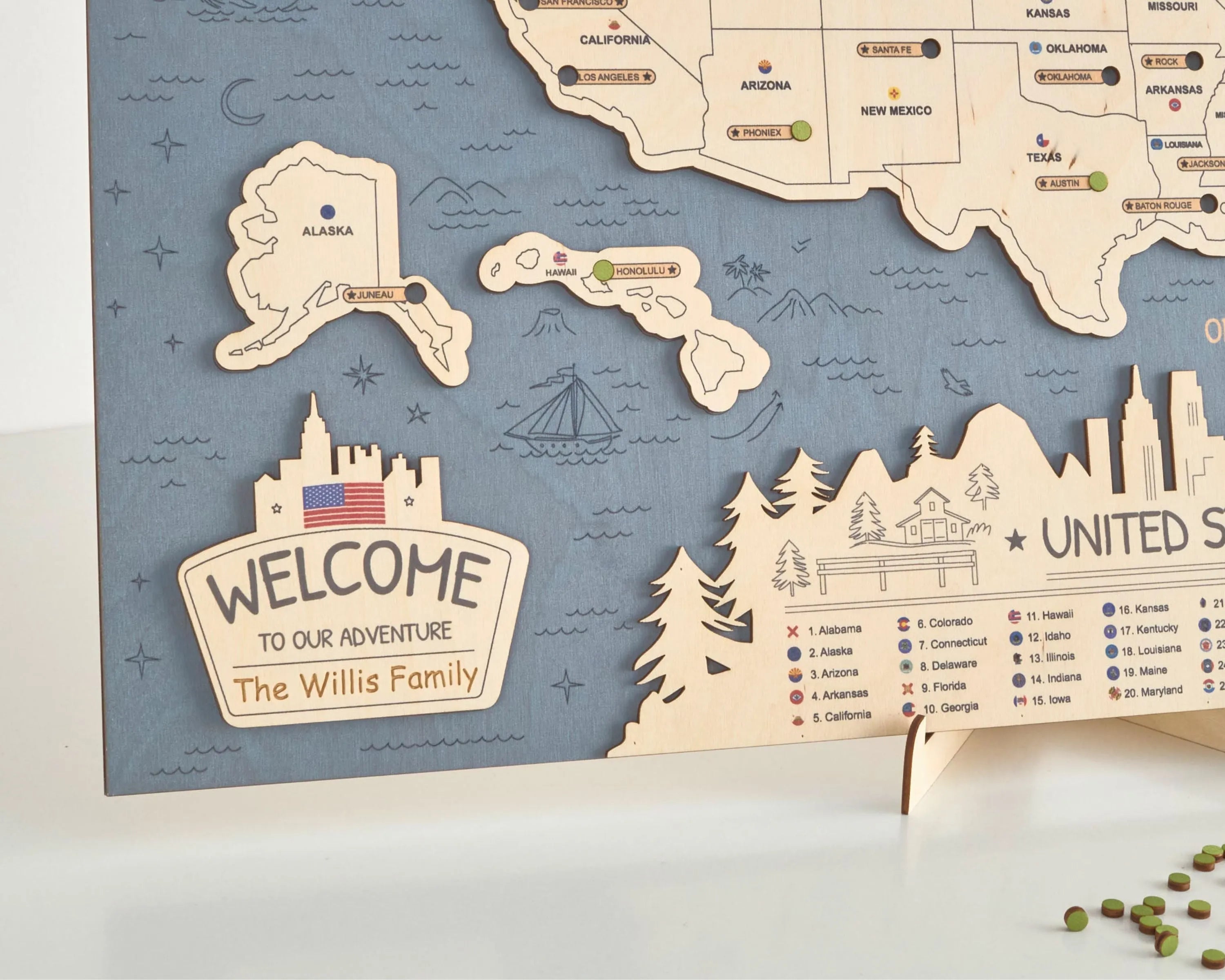 US 3D State Capitals Wooden Travel Map To Record Visits (New Blue)