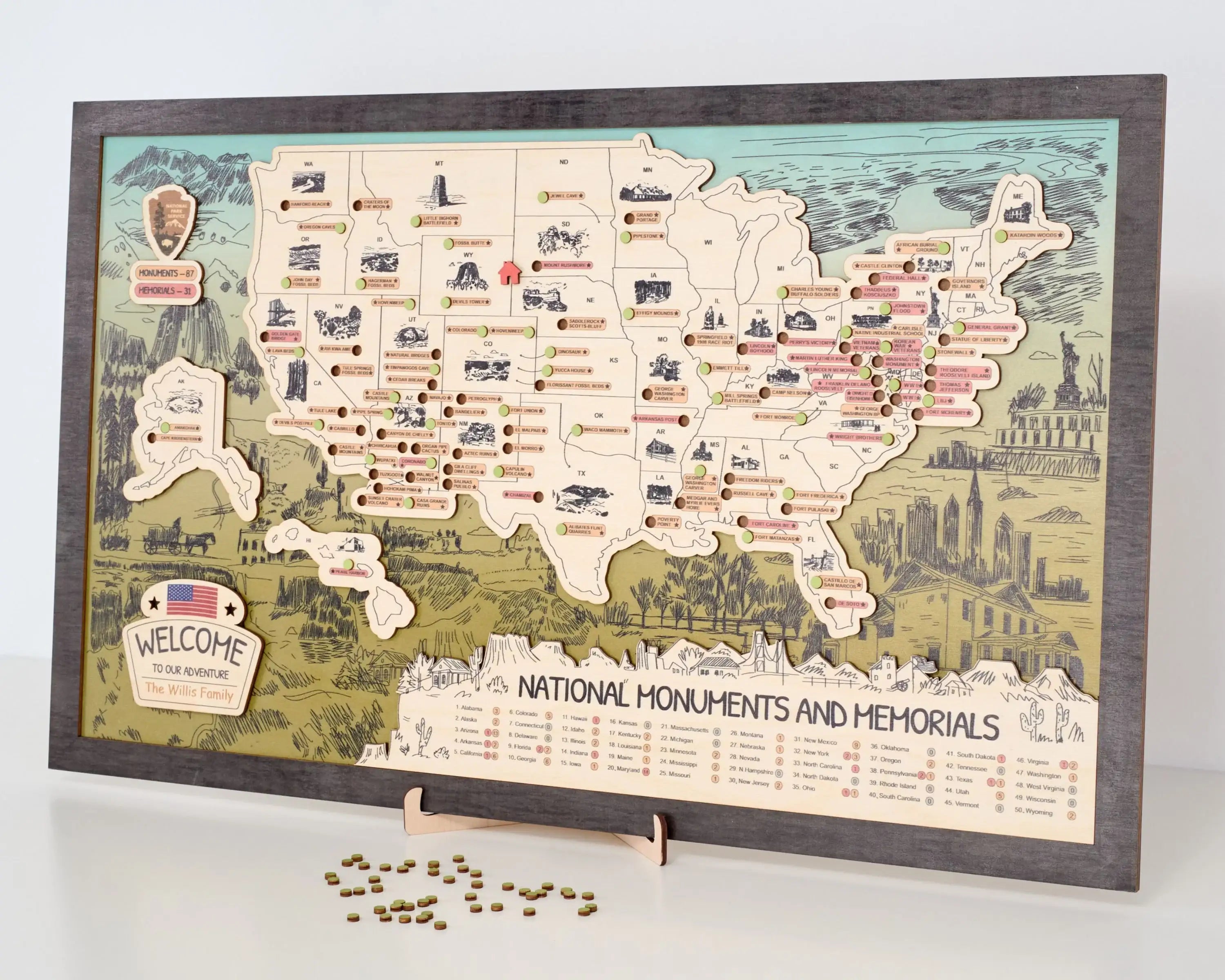 US Wooden National Monuments & Memorials Travel Map With Pins To Record Visits (Green Design)
