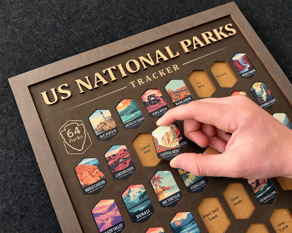 USA National Parks Tracker - A Handcrafted Wooden Travel Board to Track All 64 National Parks