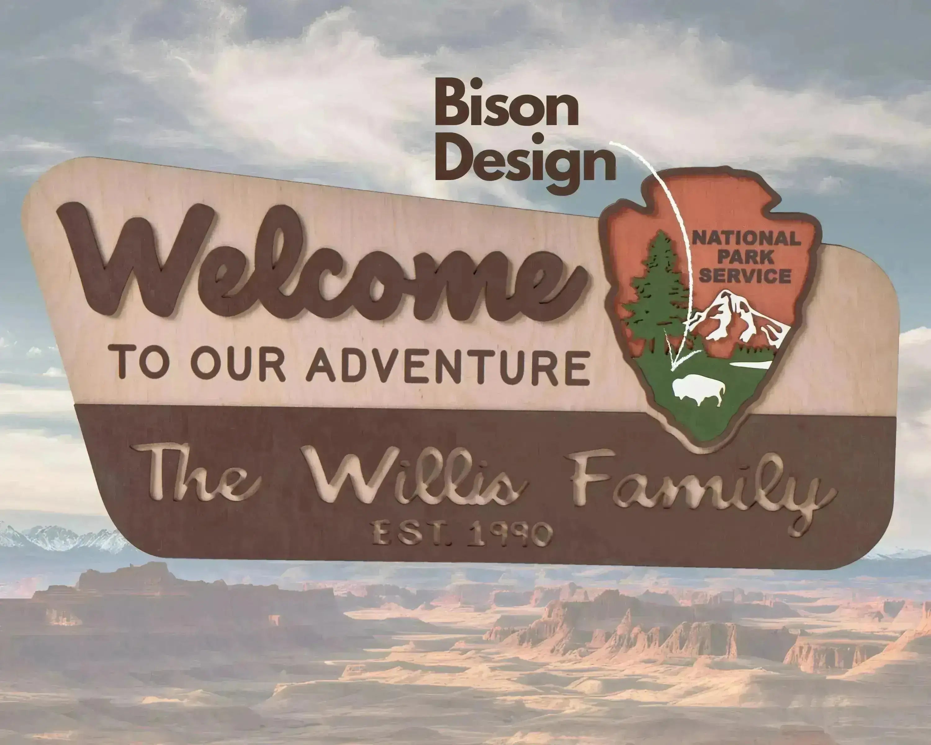 3D National Park Service Family Name Welcome Sign (Bison Design)