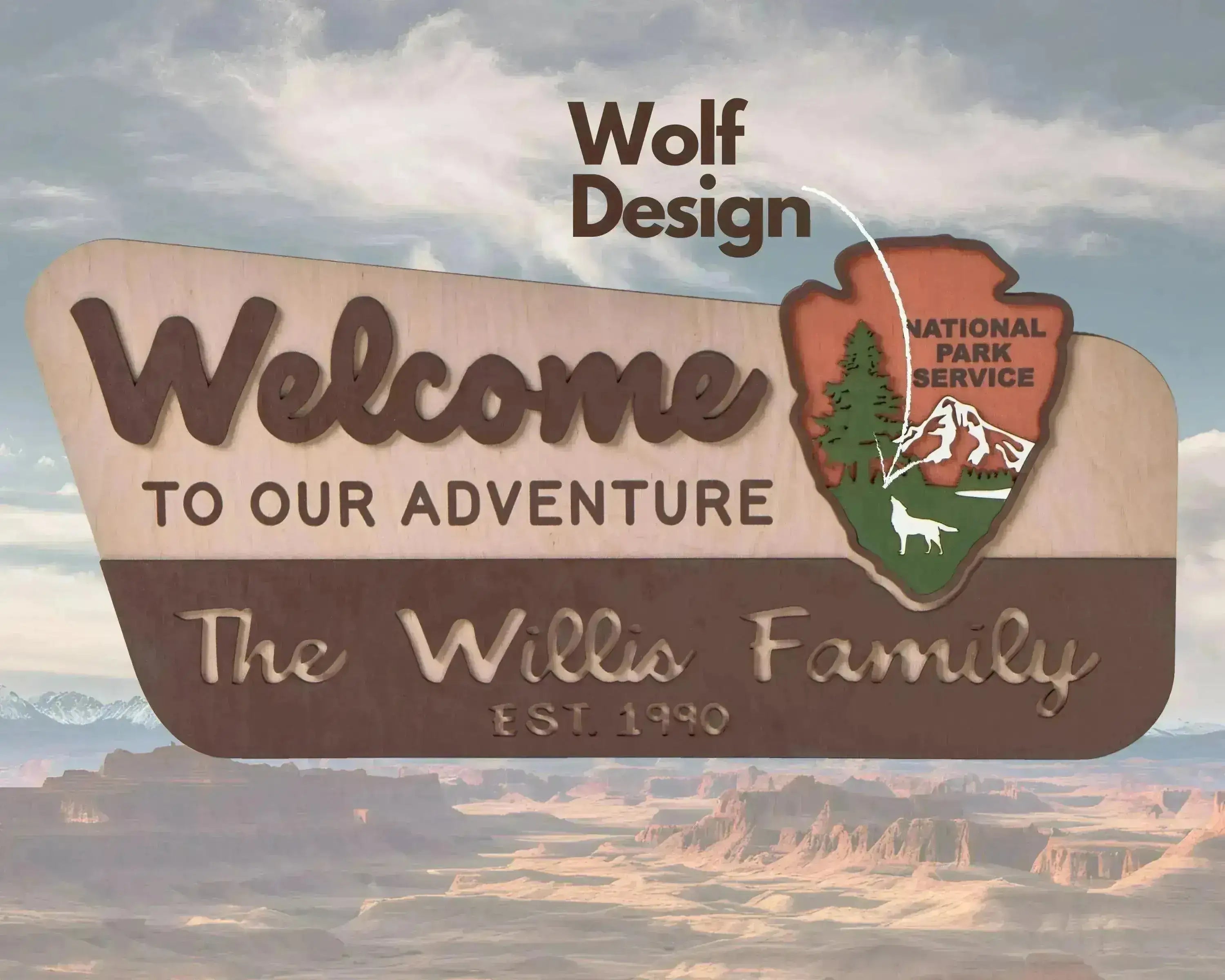 3D National Park Service Family Name Welcome Sign (Wolf Design)