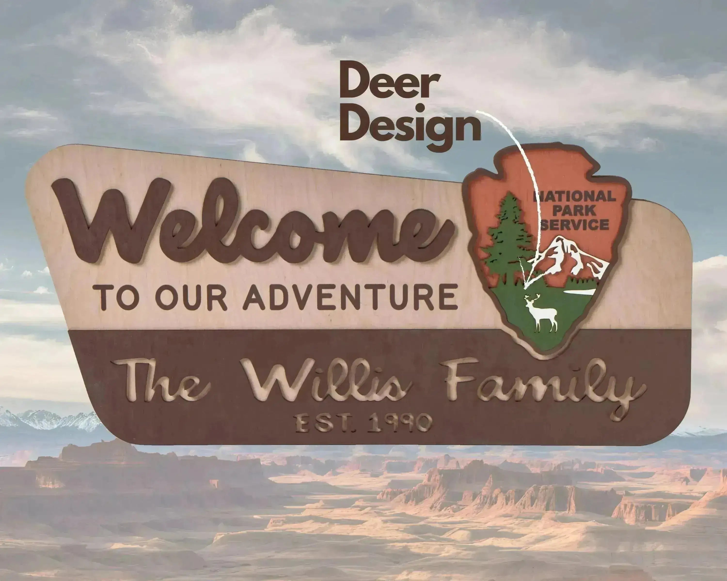3D National Park Service Family Name Welcome Sign (Deer Design)