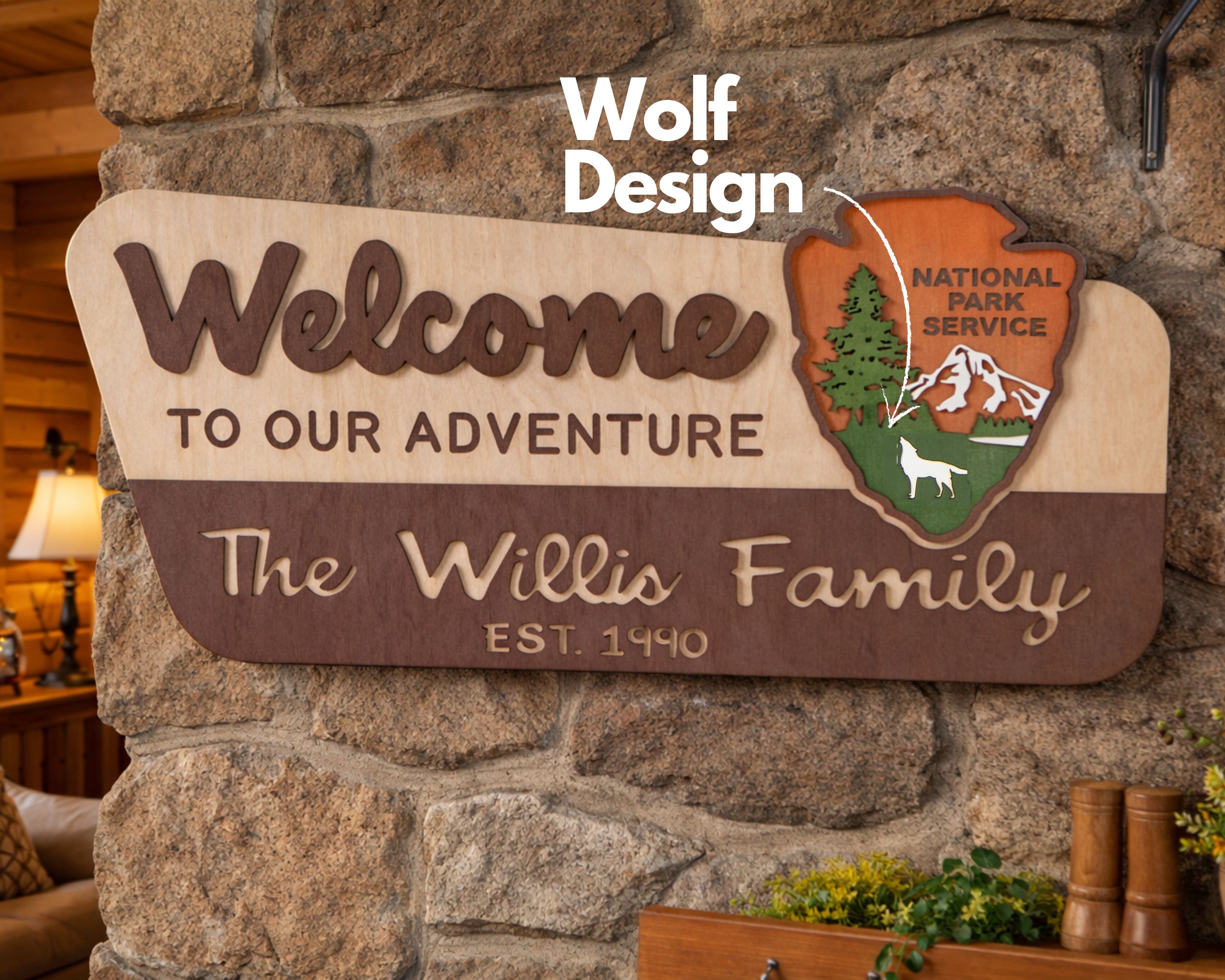 3D National Park Service Family Name Welcome Sign (Wolf Design)