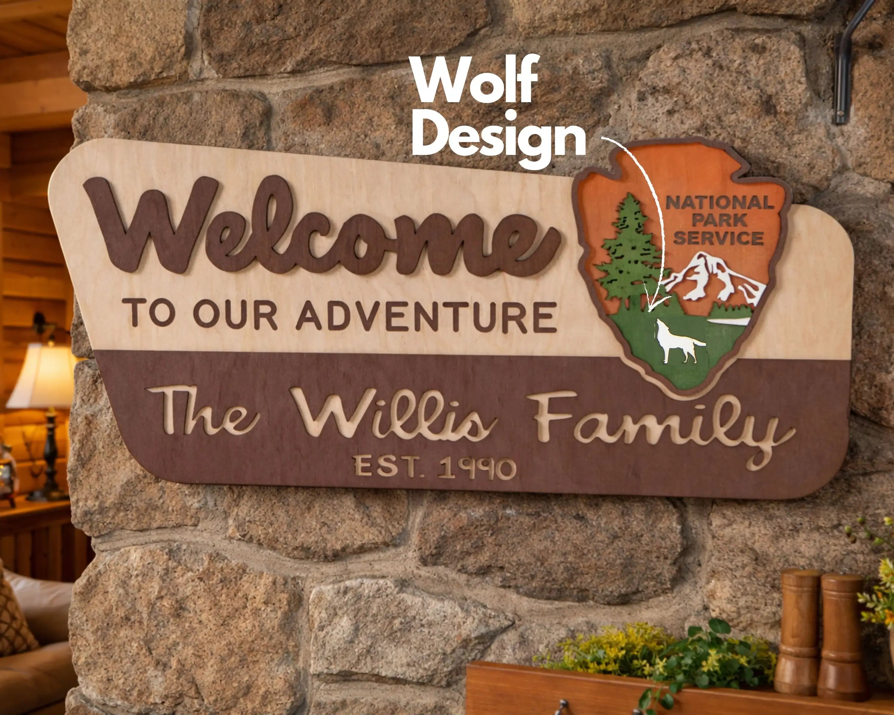 3D National Park Service Family Name Welcome Sign (Wolf Design)