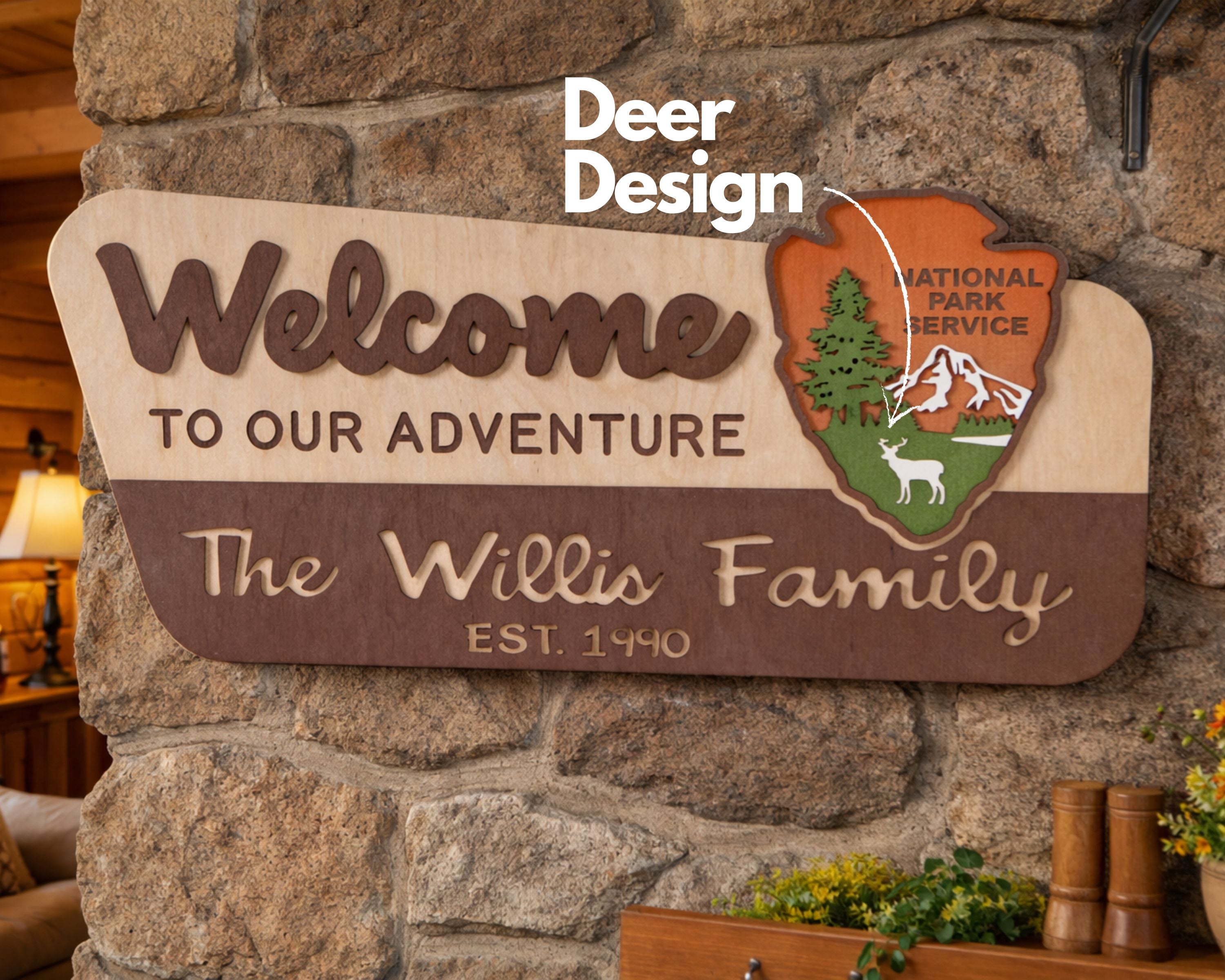 3D National Park Service Family Name Welcome Sign (Deer Design)