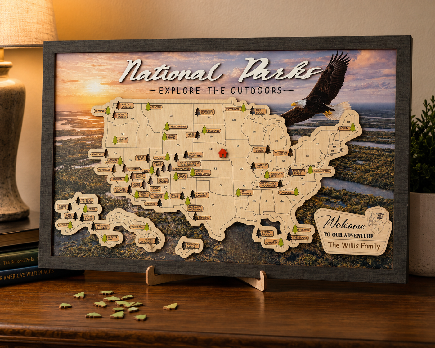 US National Parks Wooden Travel Map & Visit Tracker – Landscape Edition (Eagle)