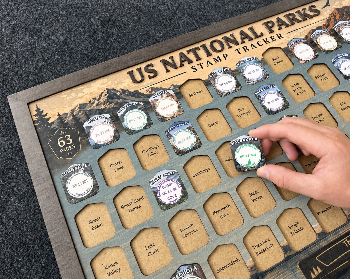 USA National Park Stamp Tracker – Wooden Passport Stamp Display for All 63 US National Parks
