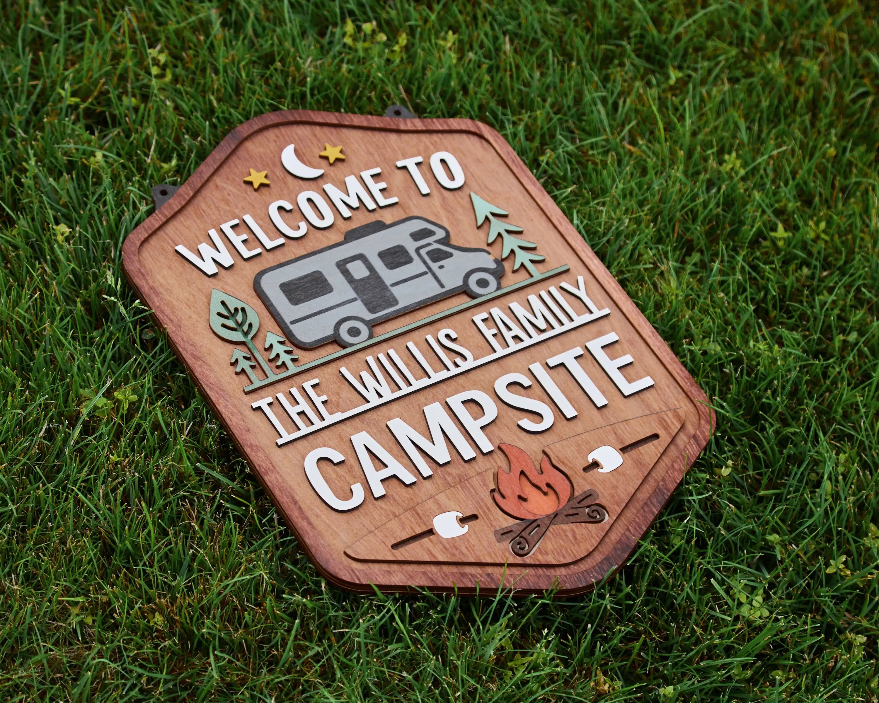 Personalized Welcome To Our Campsite Sign - Camping Flag | Custom Family Name Camper Decoration (Campsite)