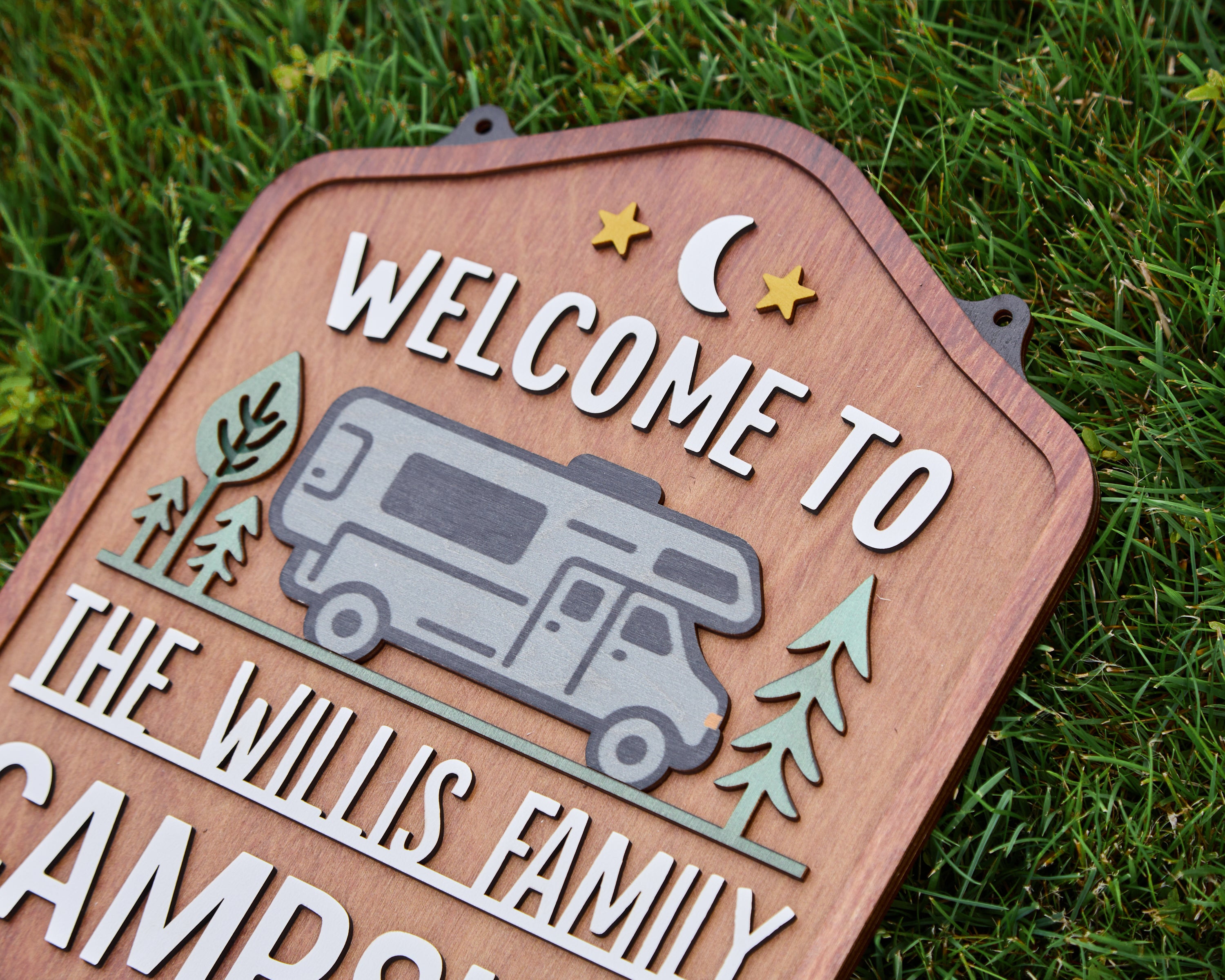 Personalized Welcome To Our Campsite Sign - Camping Flag | Custom Family Name Camper Decoration (Motorhome 3)