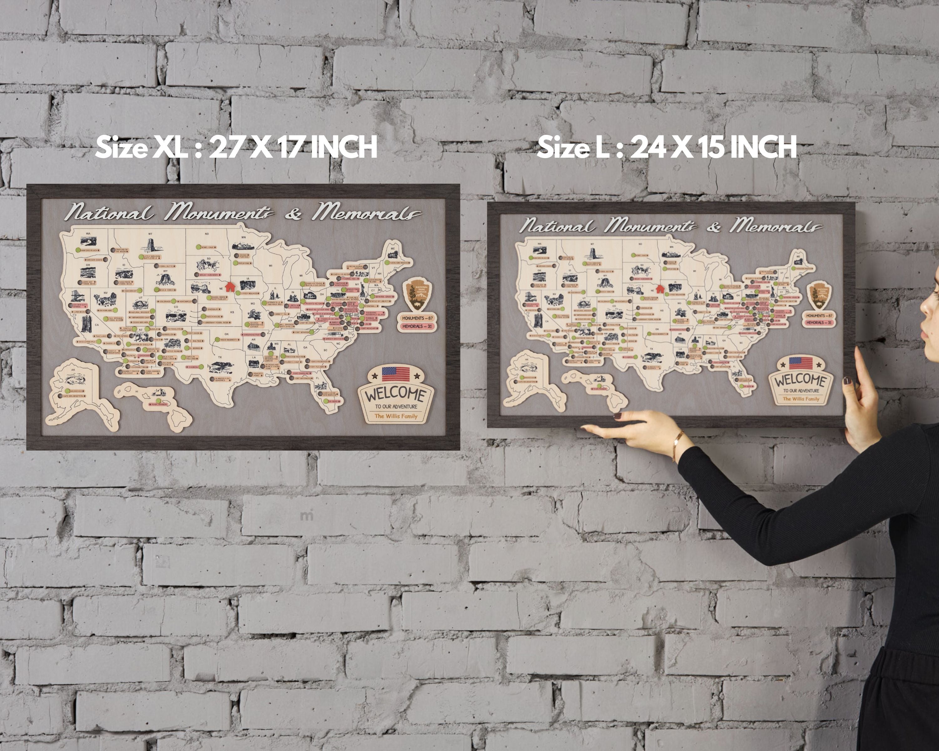 US Wooden National Monuments & Memorials Travel Map With Pins To Record Visits (Light Grey)