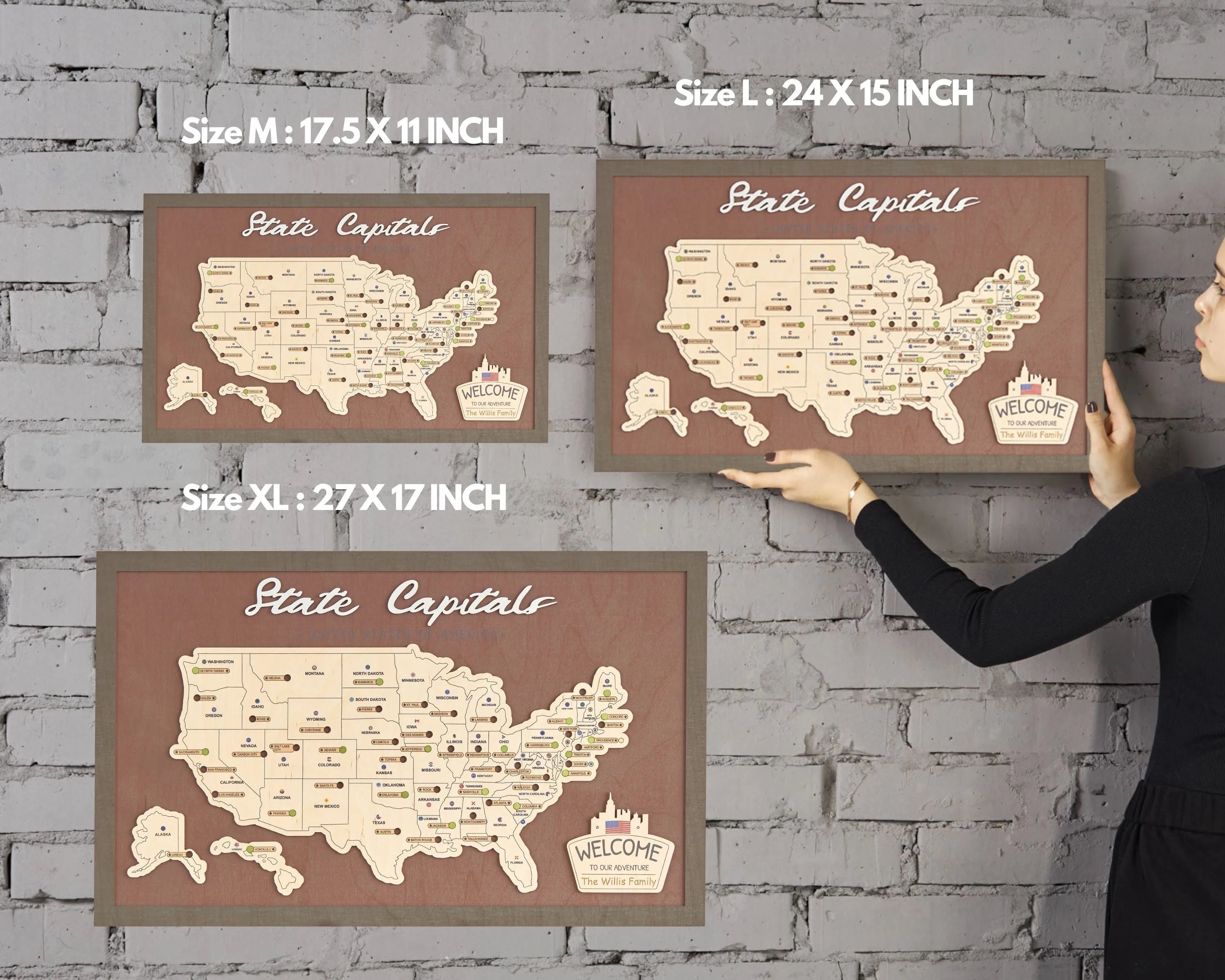 US Wooden State Capitals Travel Map To Record Visits (Coffee)