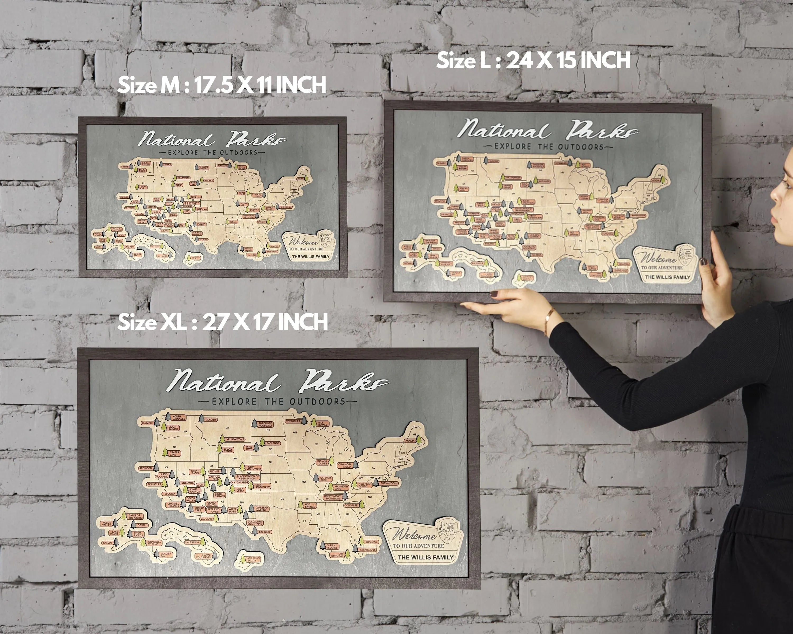 US Wooden National Parks Travel Map With Trees To Record Park Visits (Light Grey)