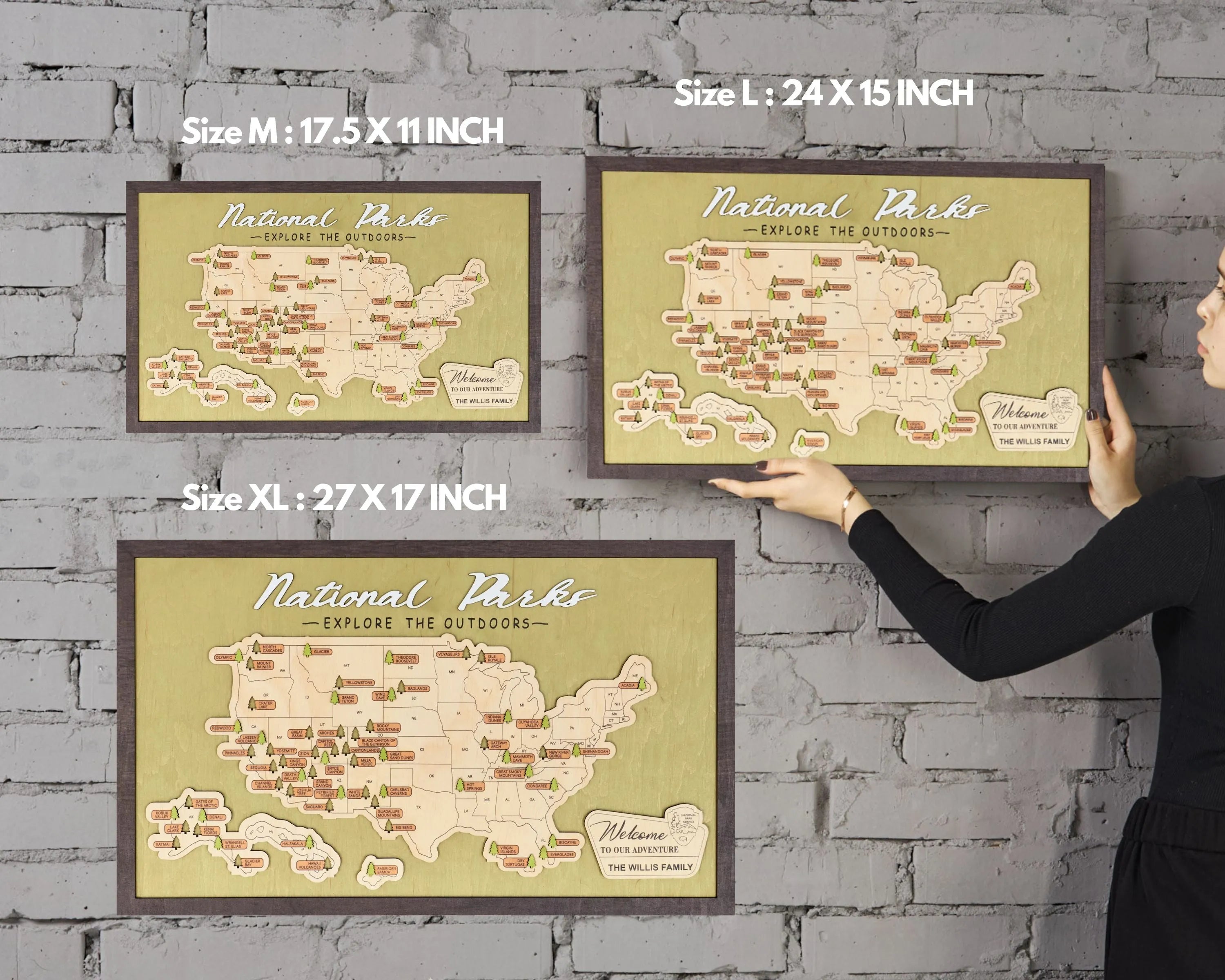 US Wooden National Parks Travel Map With Trees To Record Park Visits (Green)