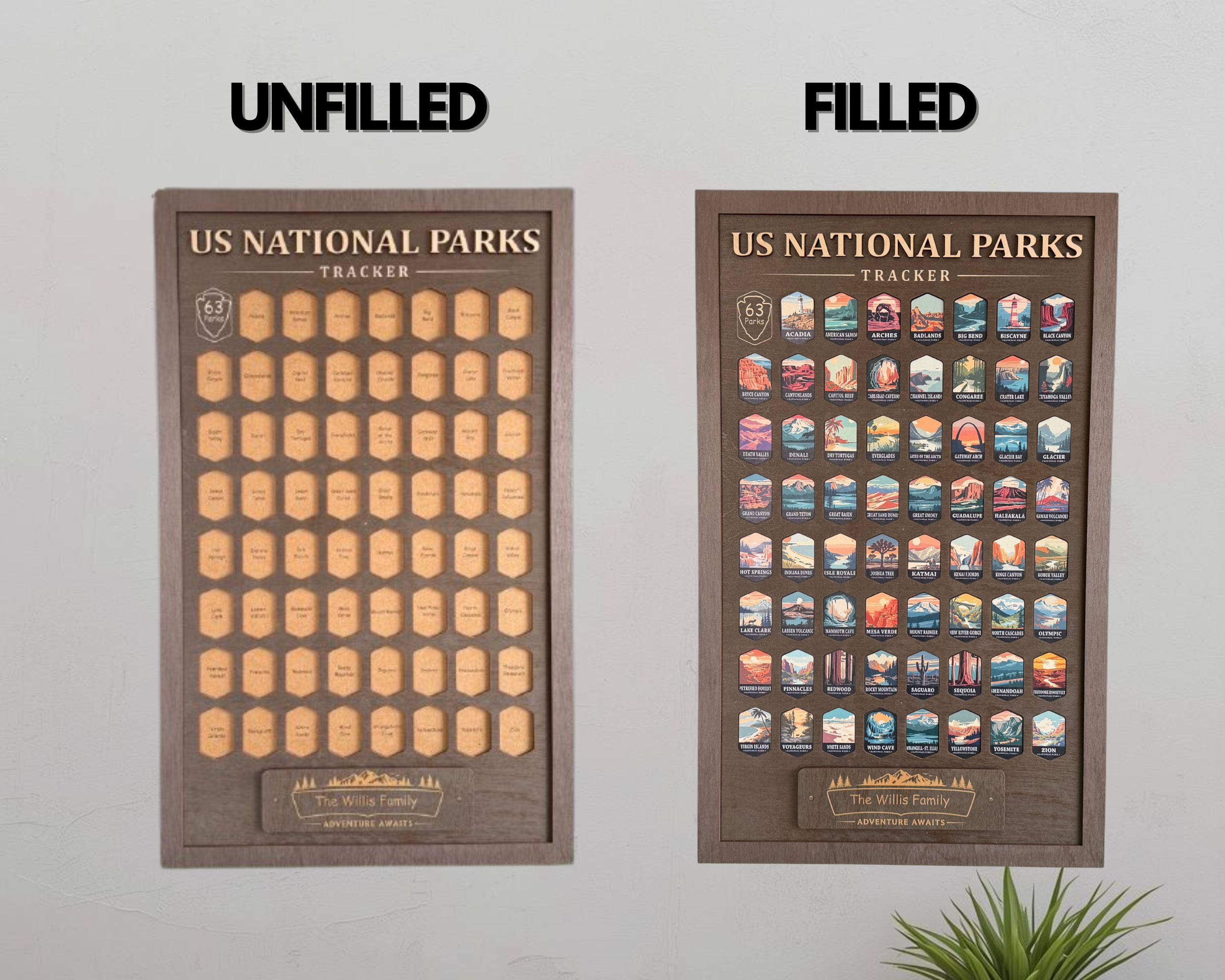 US National Parks Adventure Tracker - A handcrafted wooden board to track all 63 National Parks