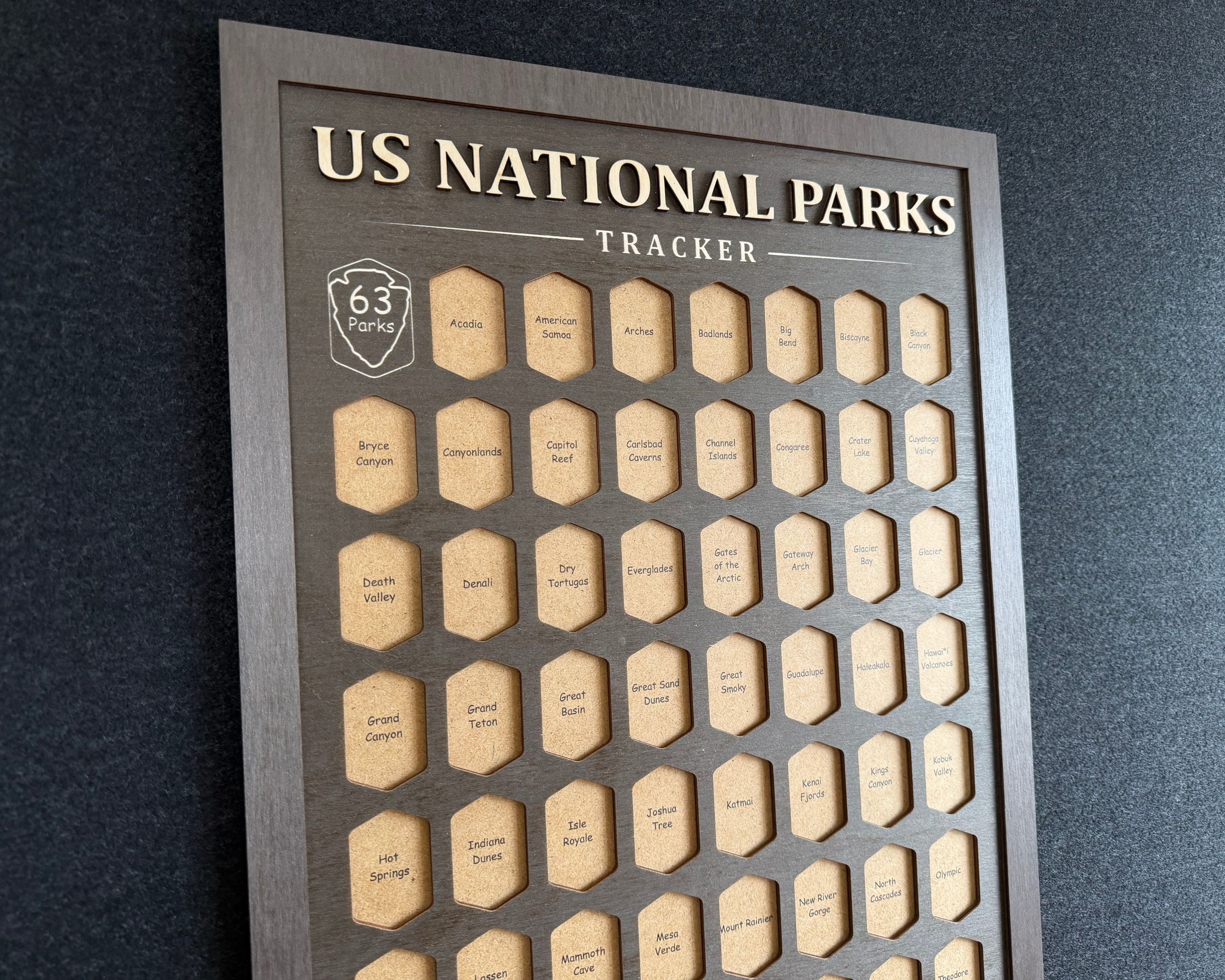 US National Parks Adventure Tracker - A handcrafted wooden board to track all 63 National Parks