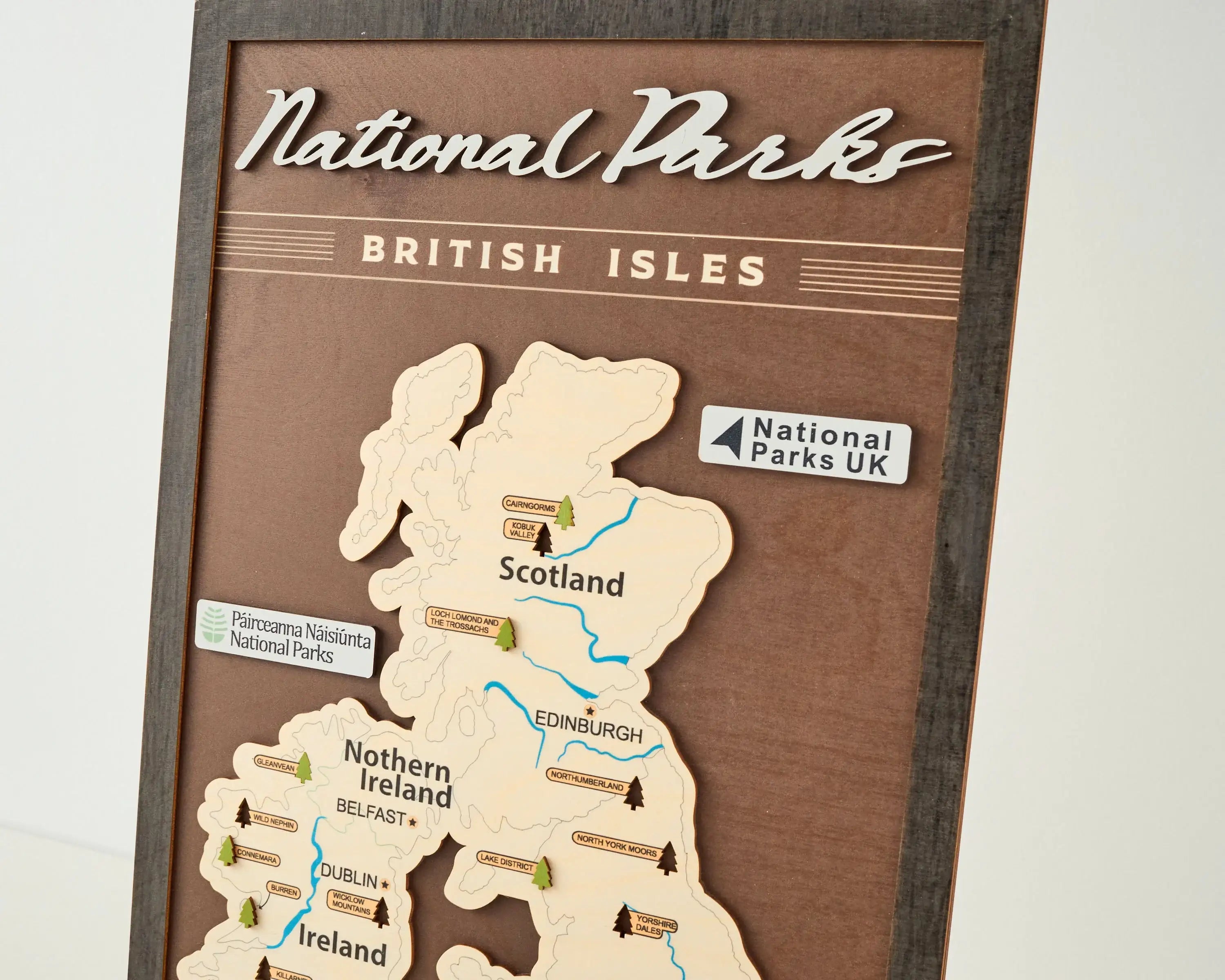 British Isles Wooden National Parks Travel Map With Trees To Record Park Visits (Coffee)