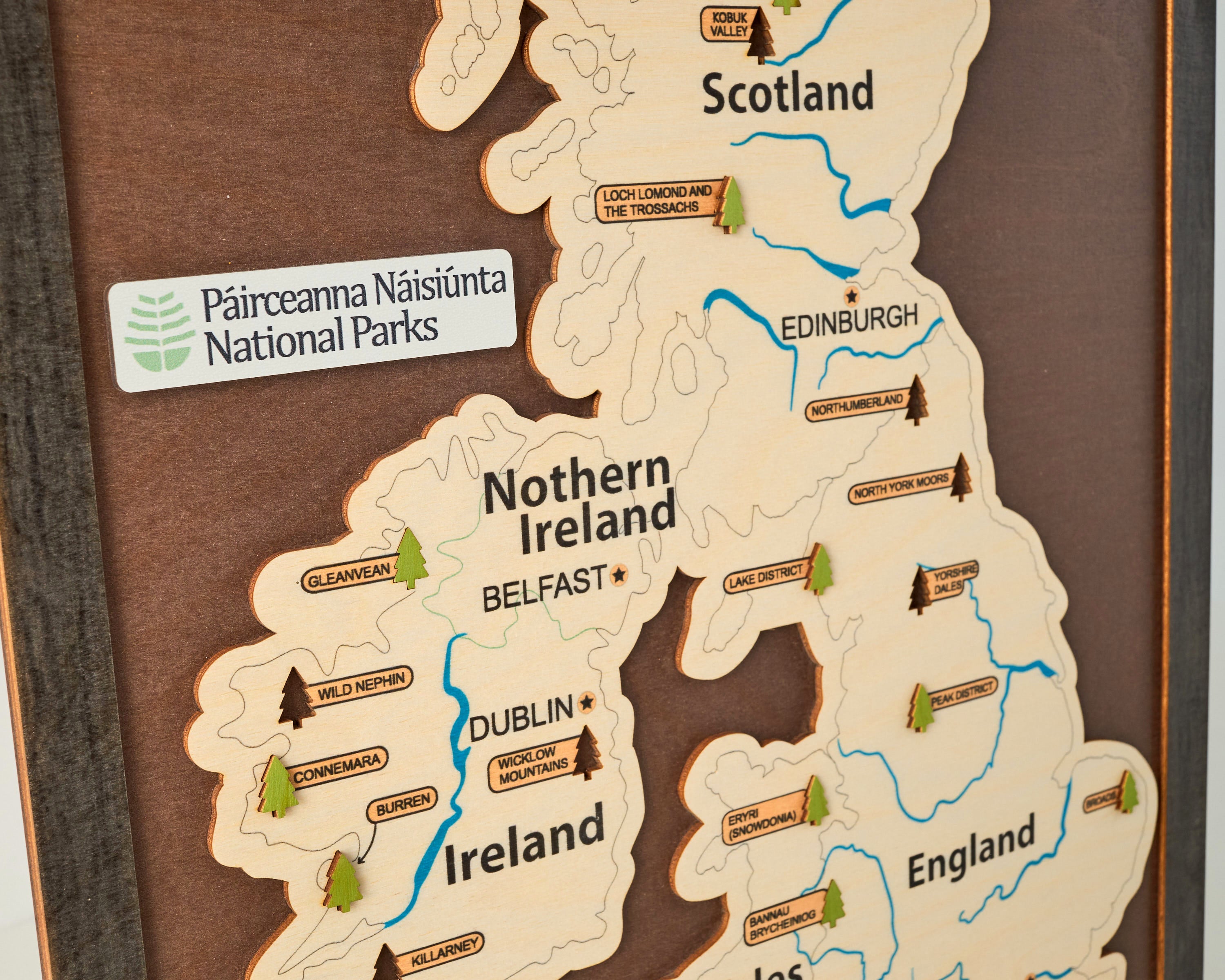 British Isles Wooden National Parks Travel Map With Trees To Record Park Visits (Coffee)