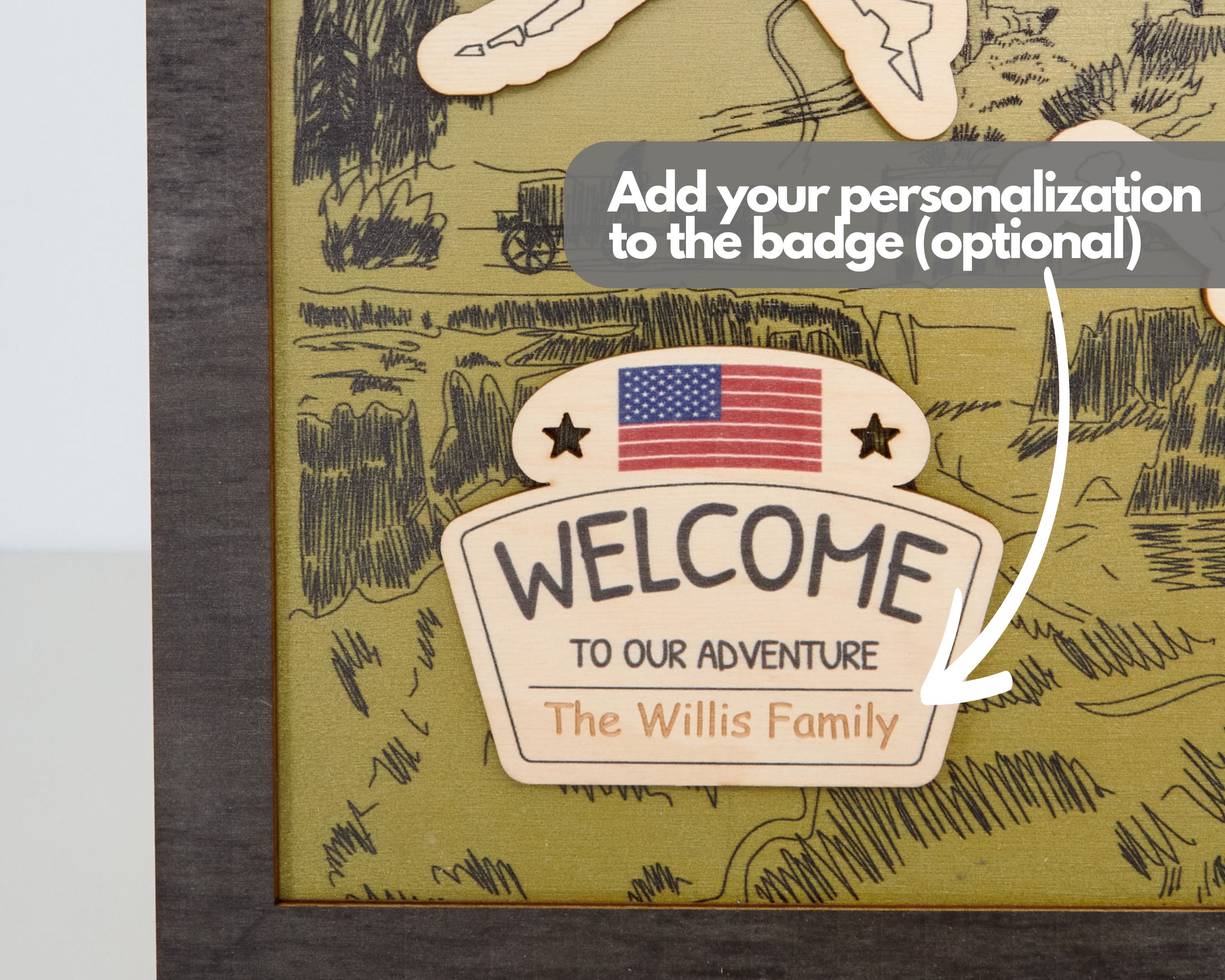 US Wooden National Monuments & Memorials Travel Map With Pins To Record Visits (Green Design)
