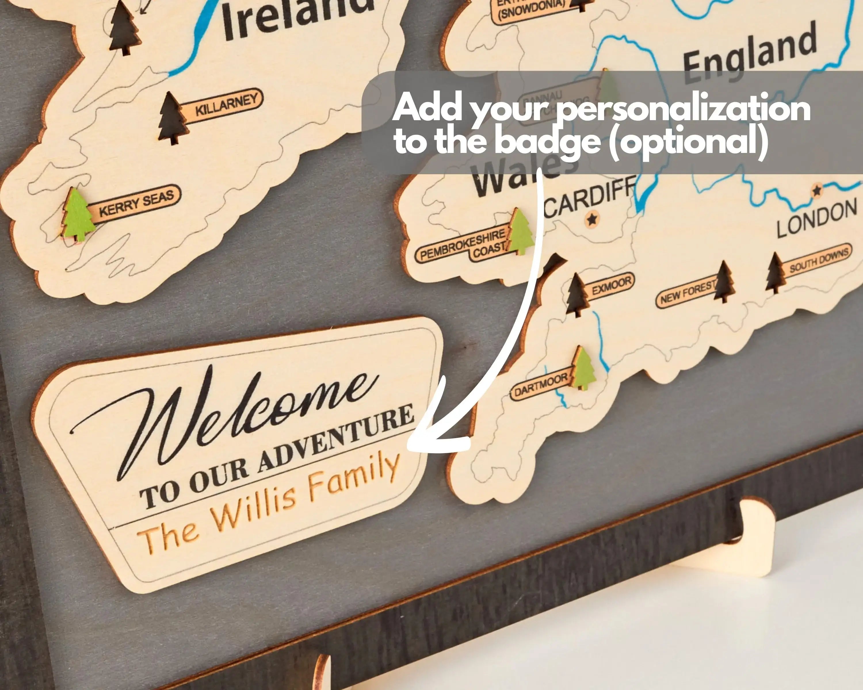 British Isles Wooden National Parks Travel Map With Trees To Record Park Visits (Light Grey)