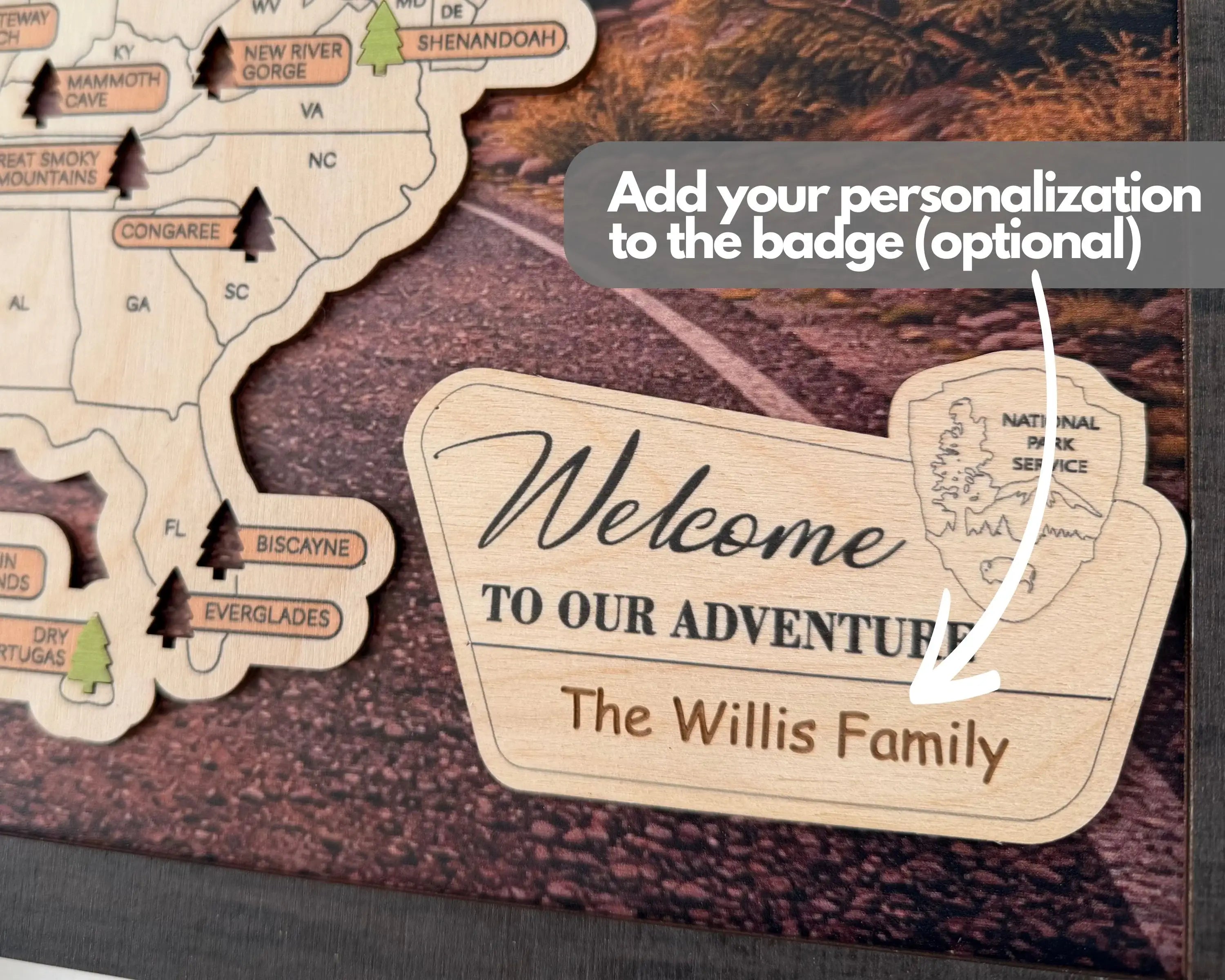 US National Parks Wooden Travel Map & Visit Tracker – Landscape Edition (Road sunset)