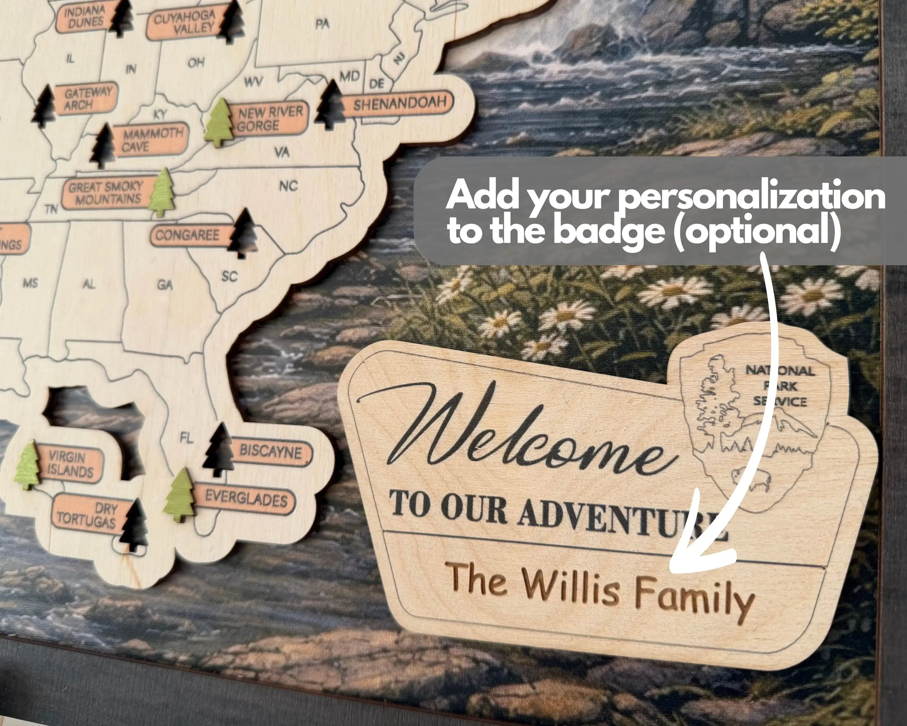 US National Parks Wooden Travel Map & Visit Tracker – Landscape Edition (Forest daisies)