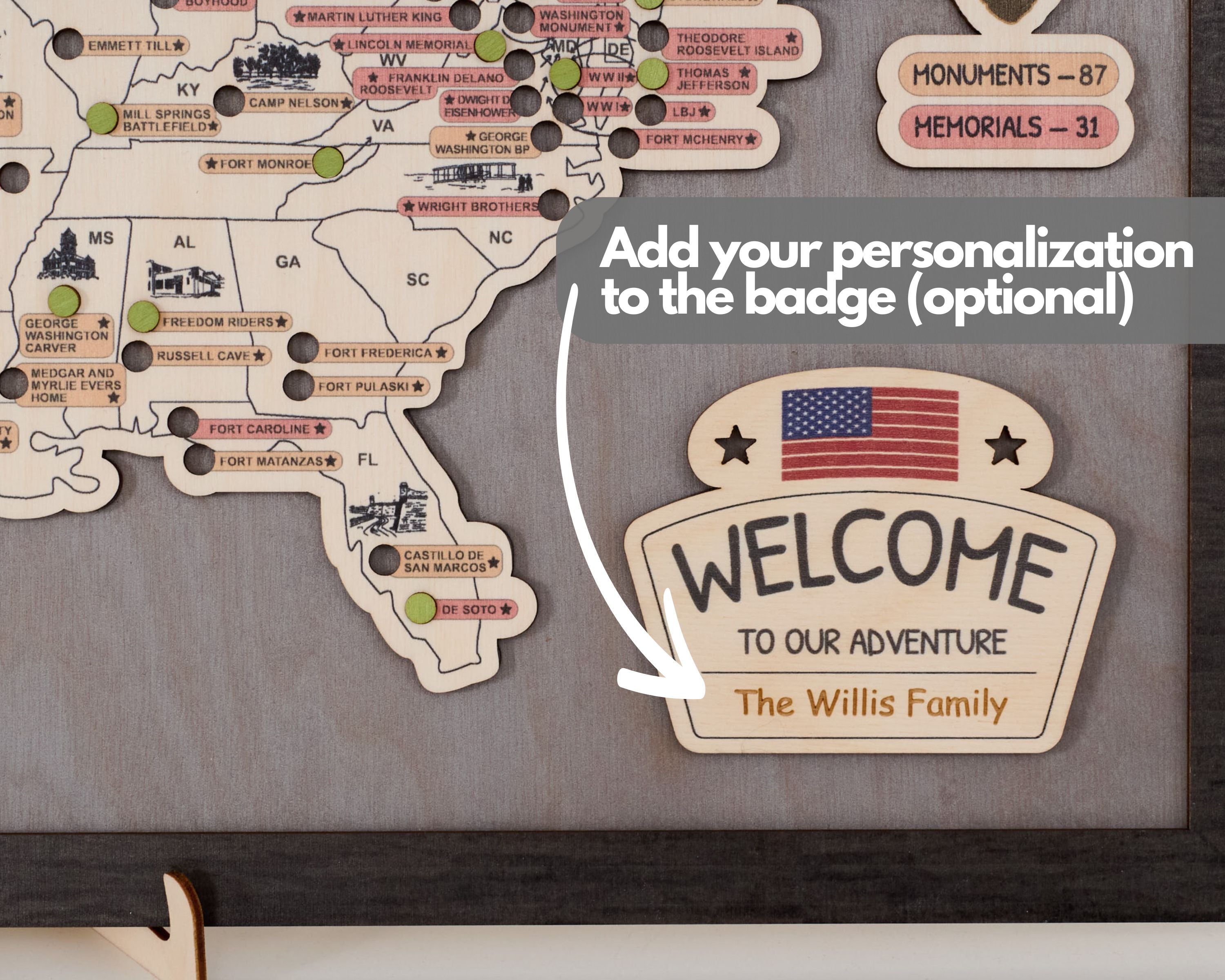 US Wooden National Monuments & Memorials Travel Map With Pins To Record Visits (Light Grey)