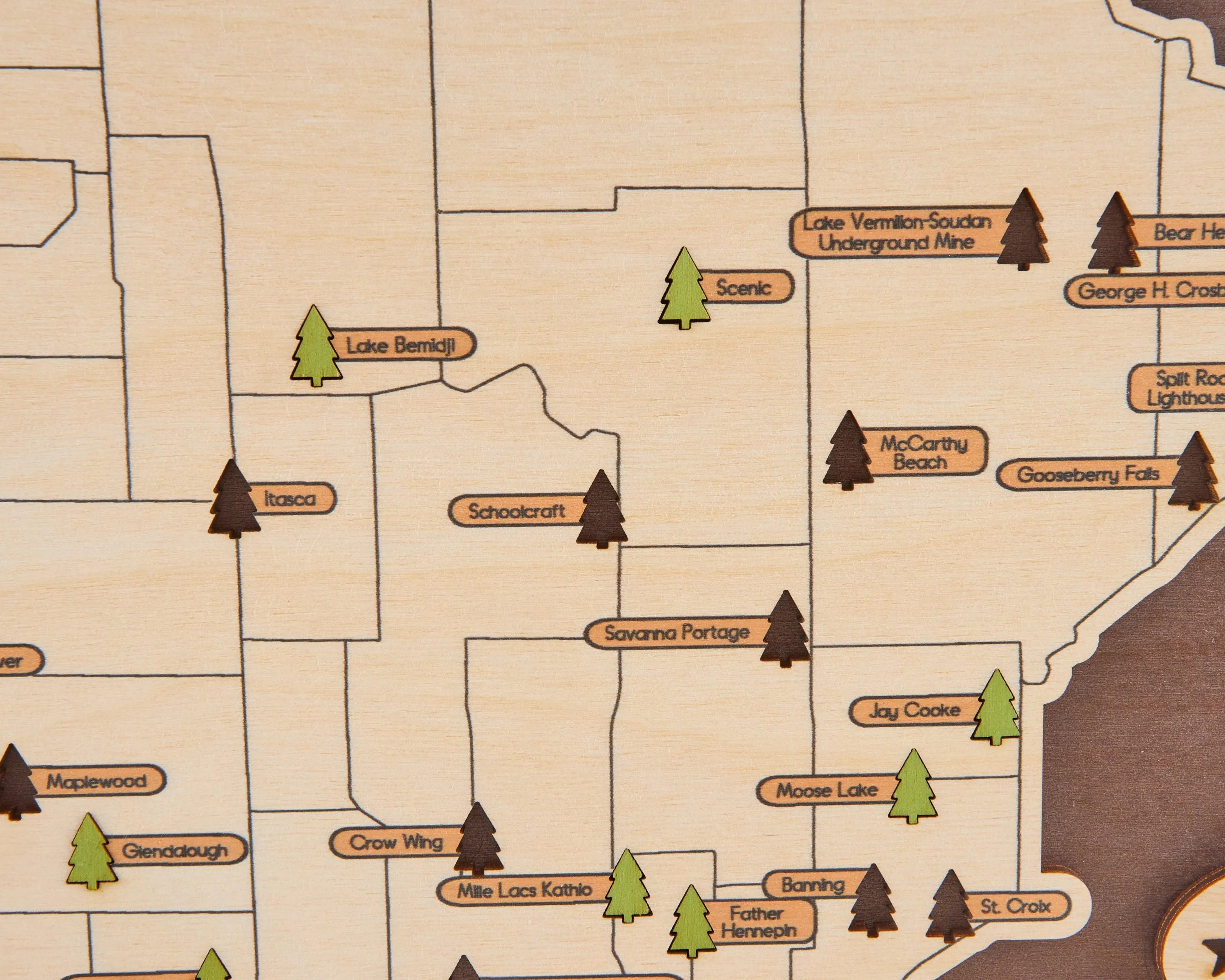 US Wooden Minnesota State Parks Map With Trees To Record Park Visits (Coffee)