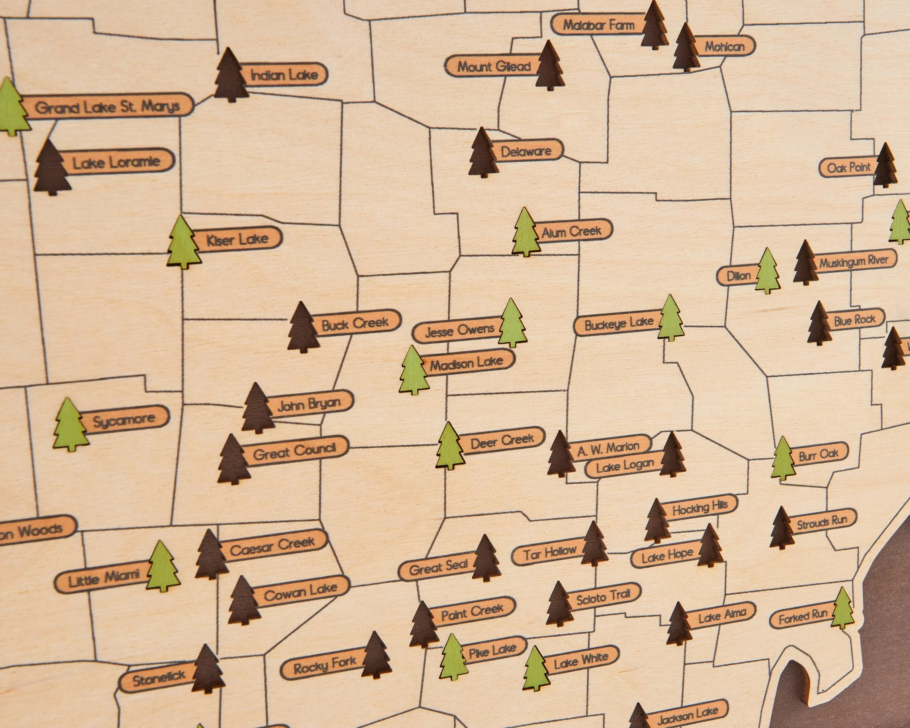 US Wooden Ohio State Parks Map With Trees To Record Park Visits (Coffee)