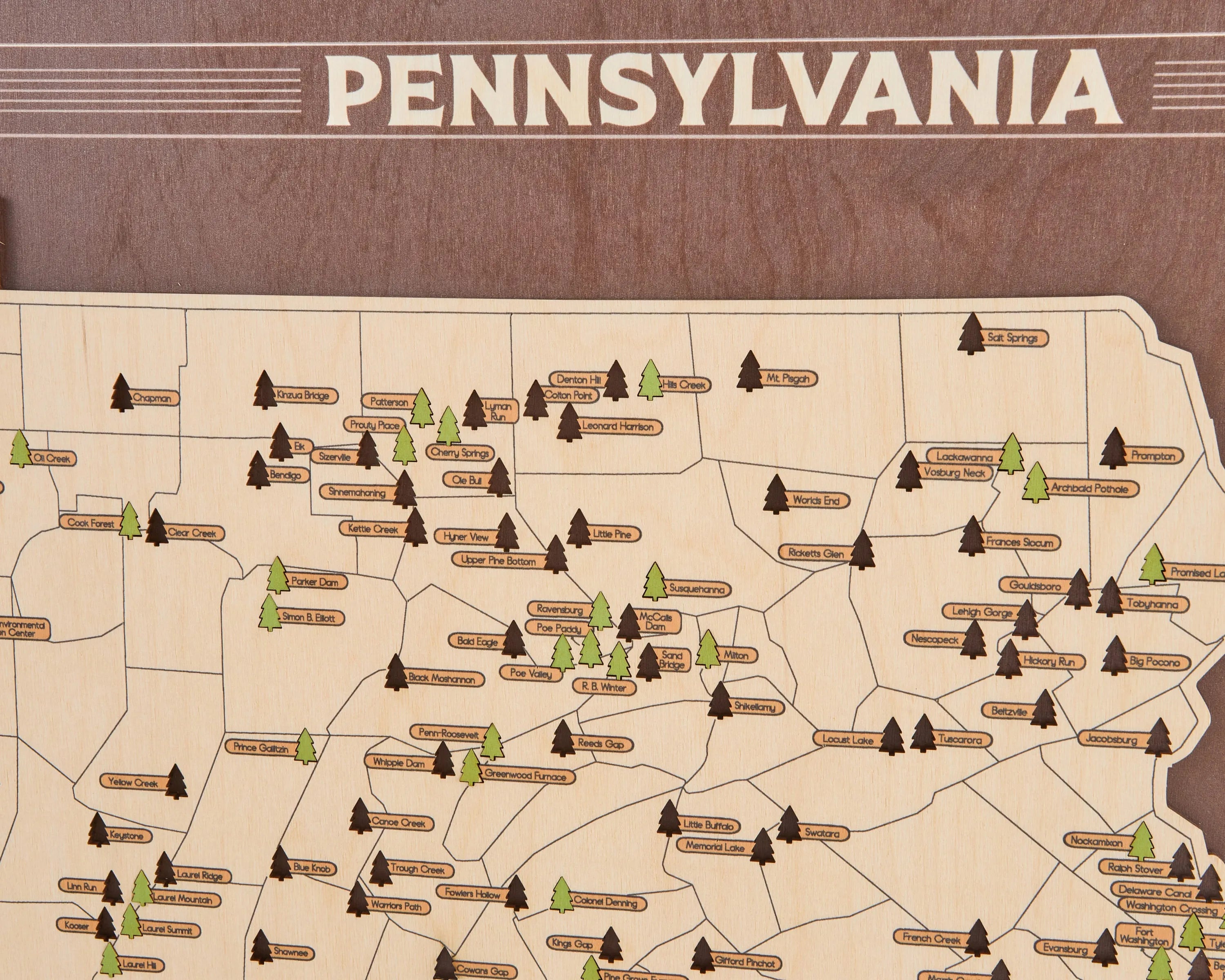 US Wooden Pennsylvania State Parks Map With Trees To Record Park Visits (Coffee)