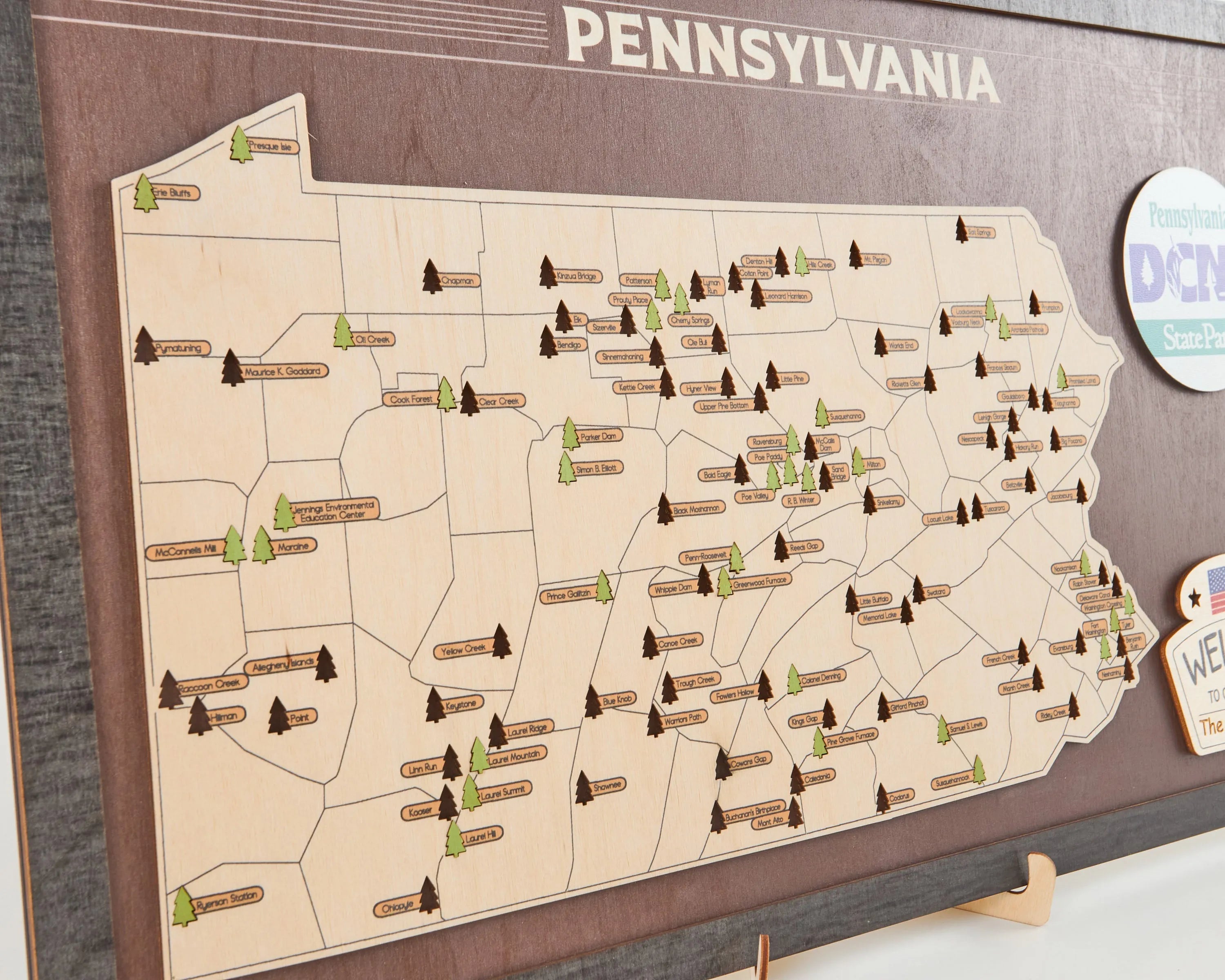 US Wooden Pennsylvania State Parks Map With Trees To Record Park Visits (Coffee)
