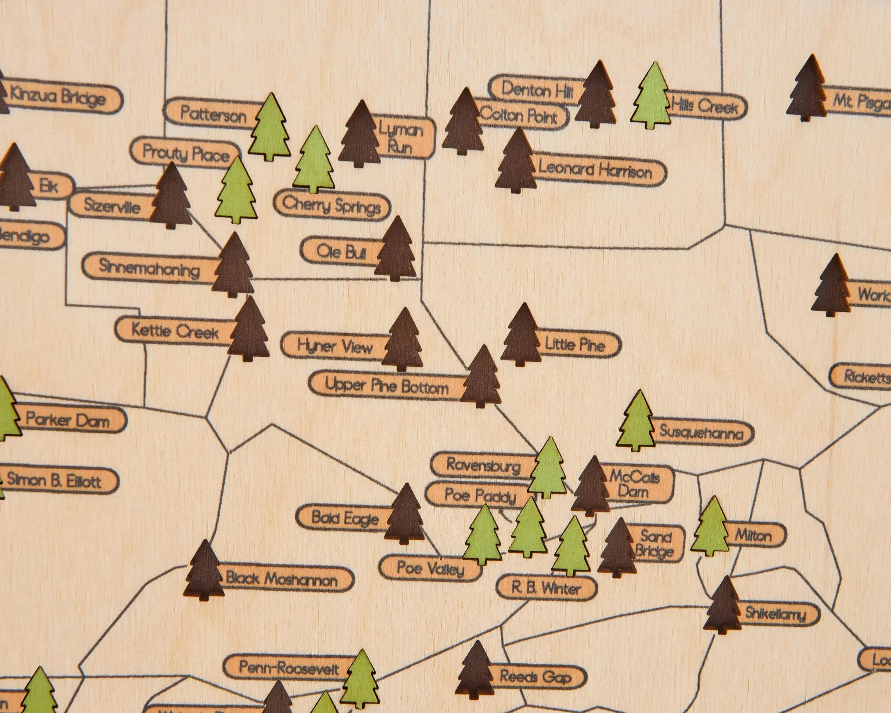 US Wooden Pennsylvania State Parks Map With Trees To Record Park Visits (Coffee)