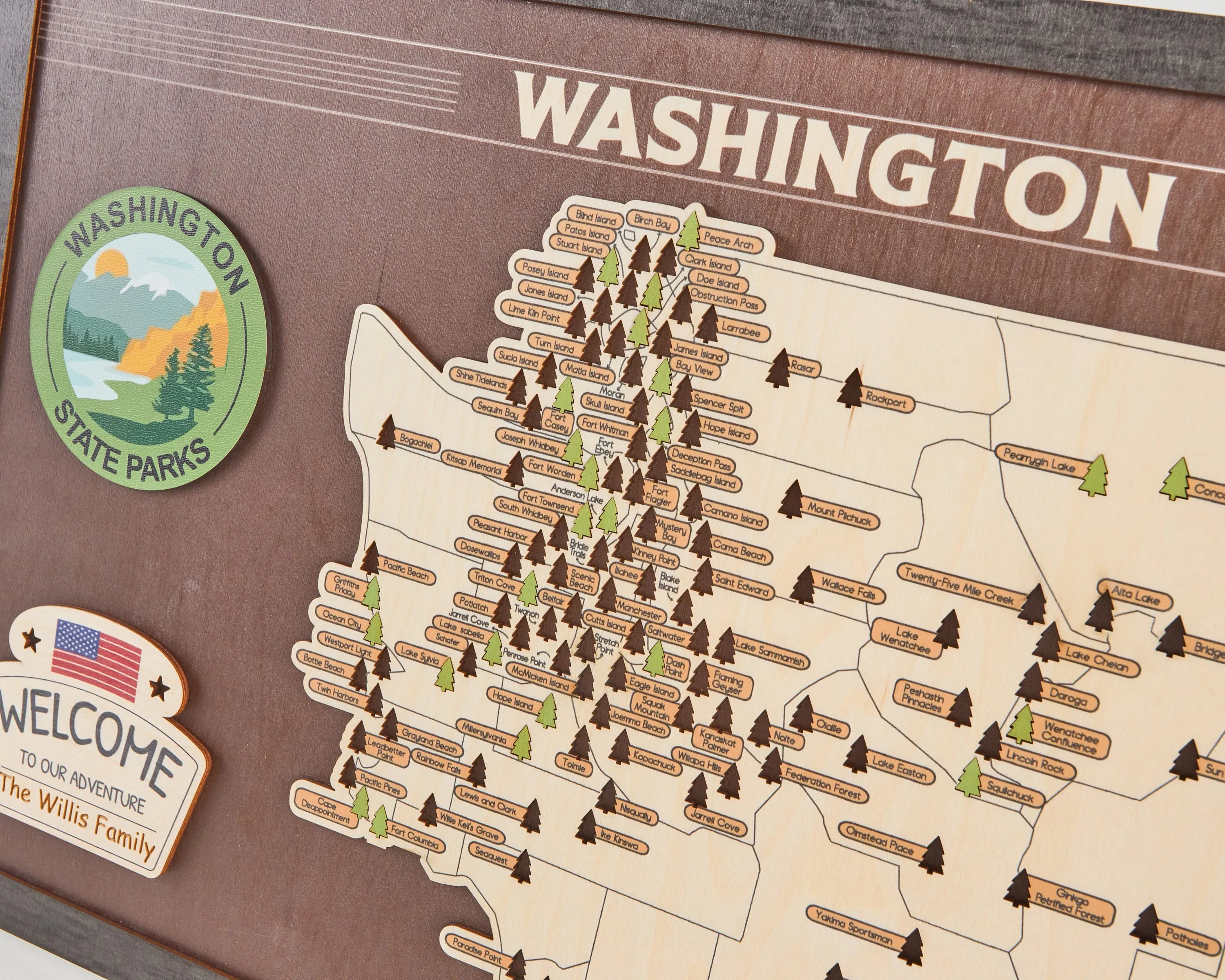 US Wooden Washington State Parks Map With Trees To Record Park Visits (Coffee)